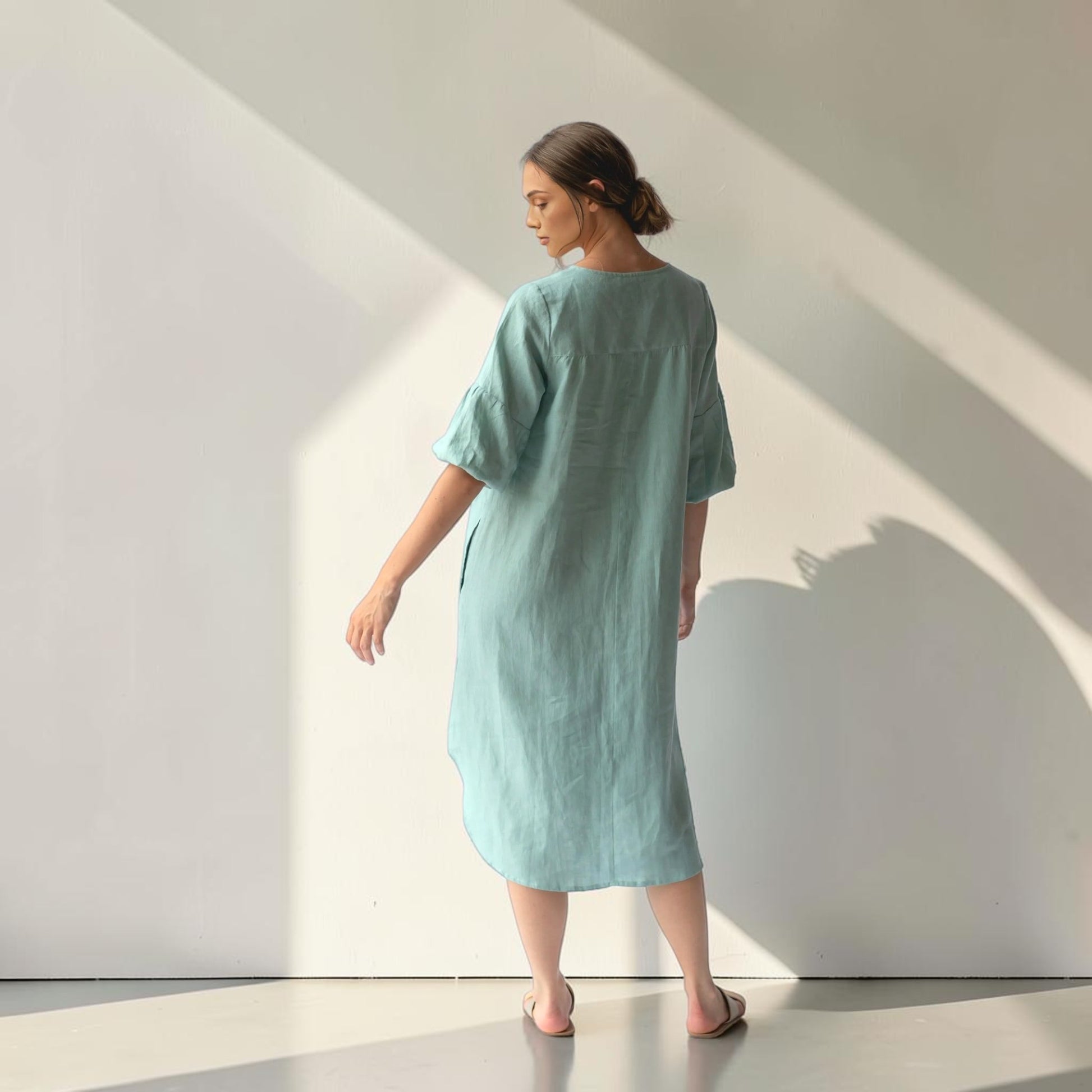 Long-Sleeve Linen Midi Dress, Notch Neck Gathered-Cuff