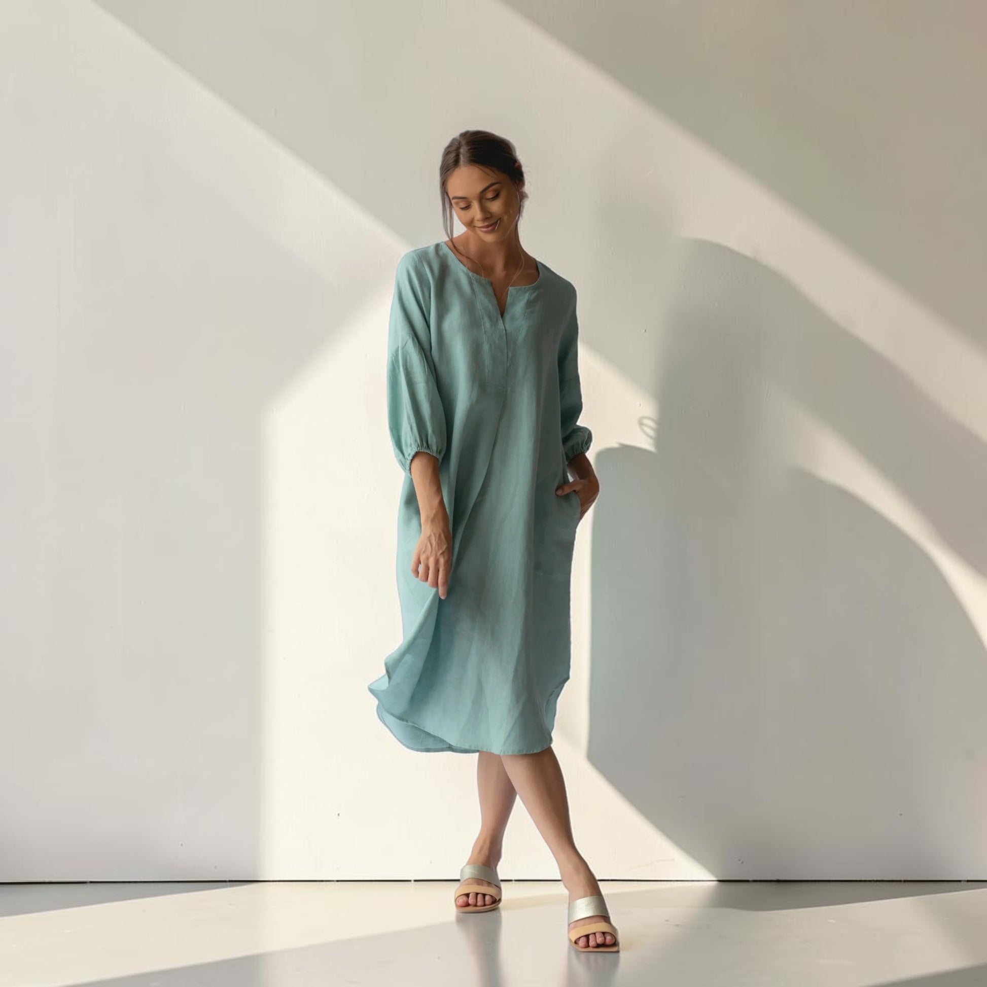 Long-Sleeve Linen Midi Dress, Notch Neck Gathered-Cuff