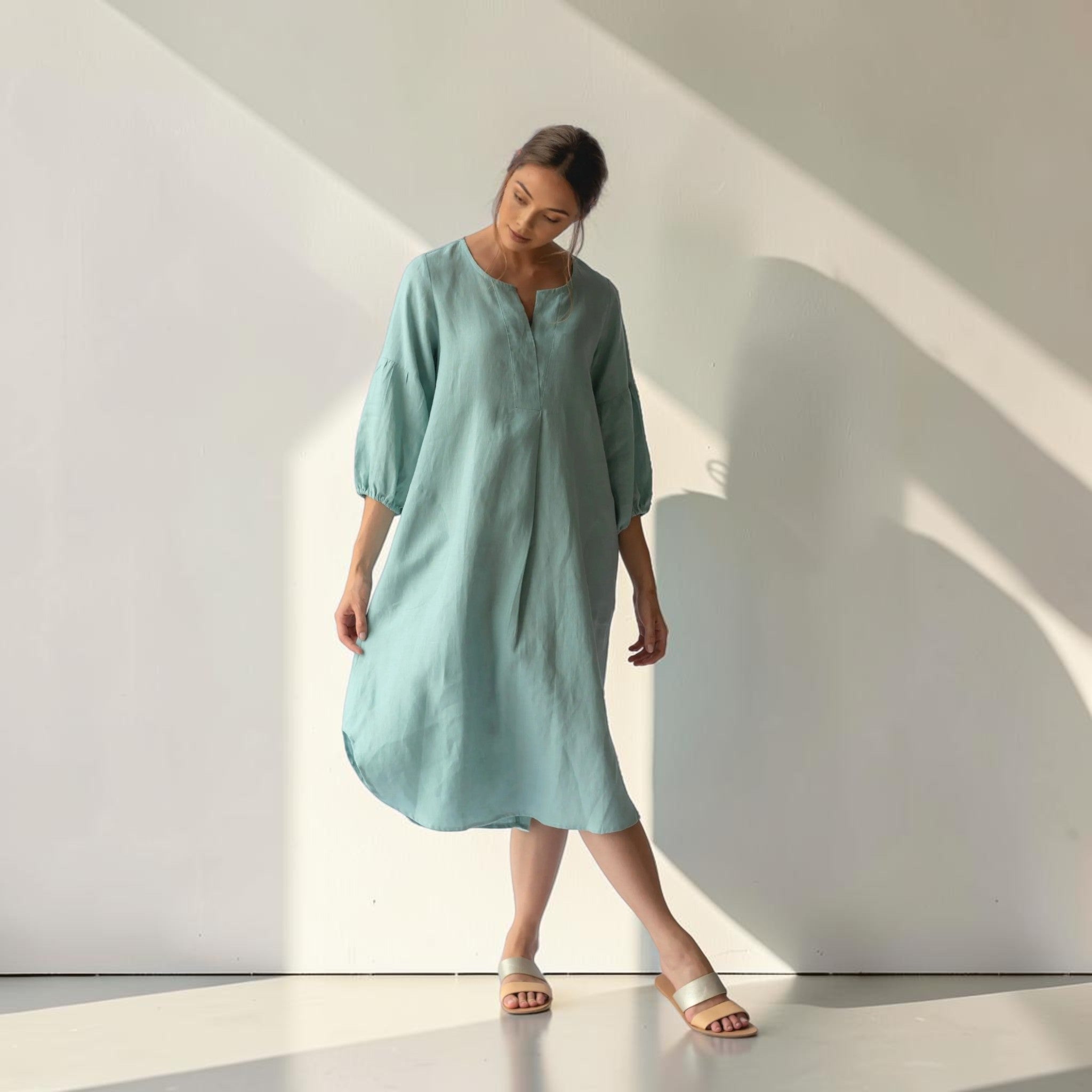 Long-Sleeve Linen Midi Dress, Notch Neck Gathered-Cuff