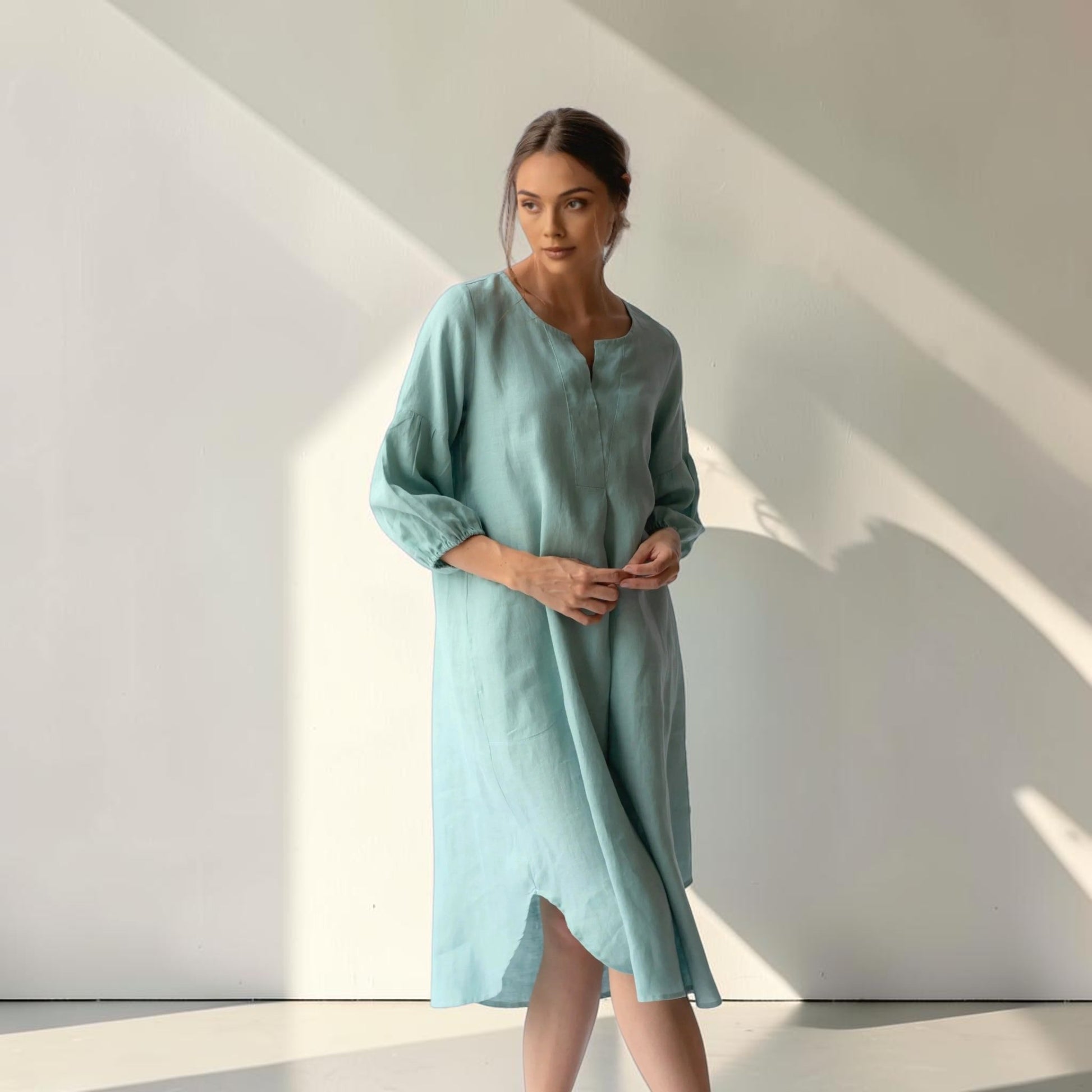 Long-Sleeve Linen Midi Dress, Notch Neck Gathered-Cuff