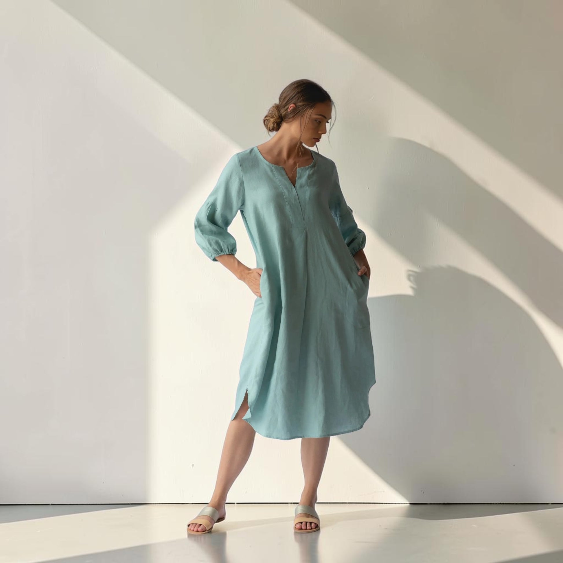 Long-Sleeve Linen Midi Dress, Notch Neck Gathered-Cuff
