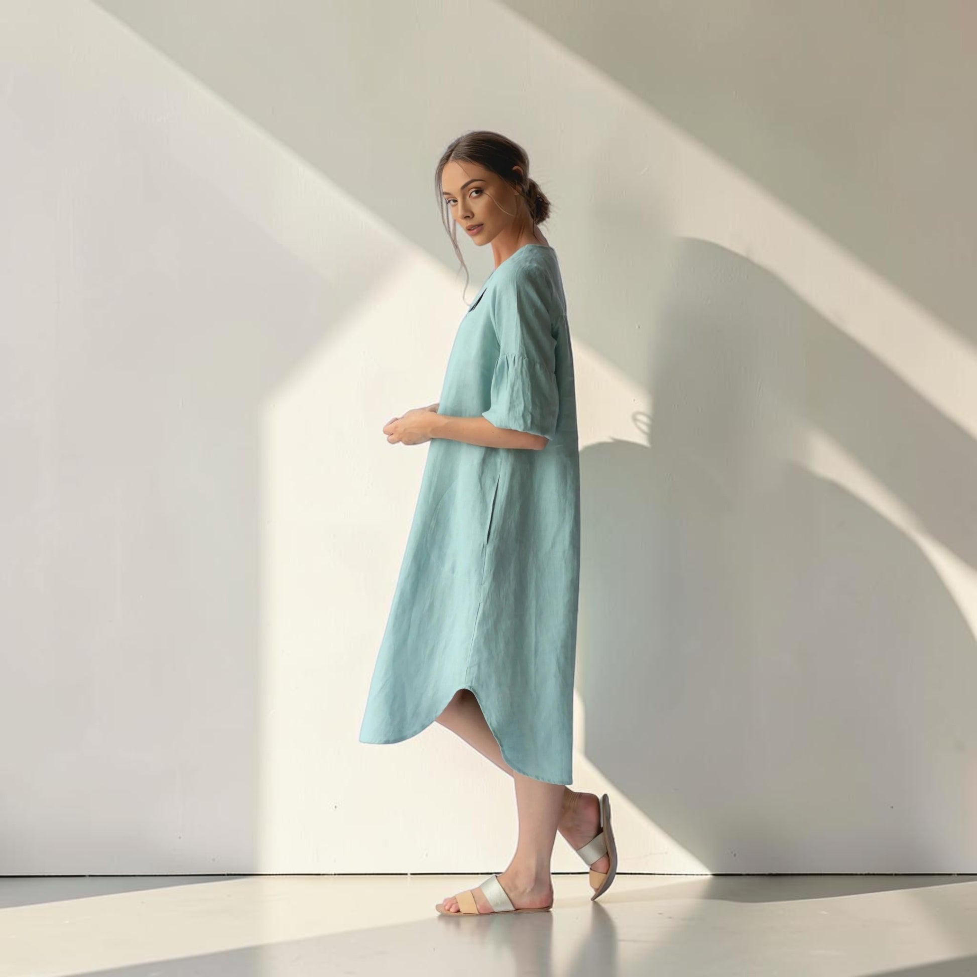 Long-Sleeve Linen Midi Dress, Notch Neck Gathered-Cuff