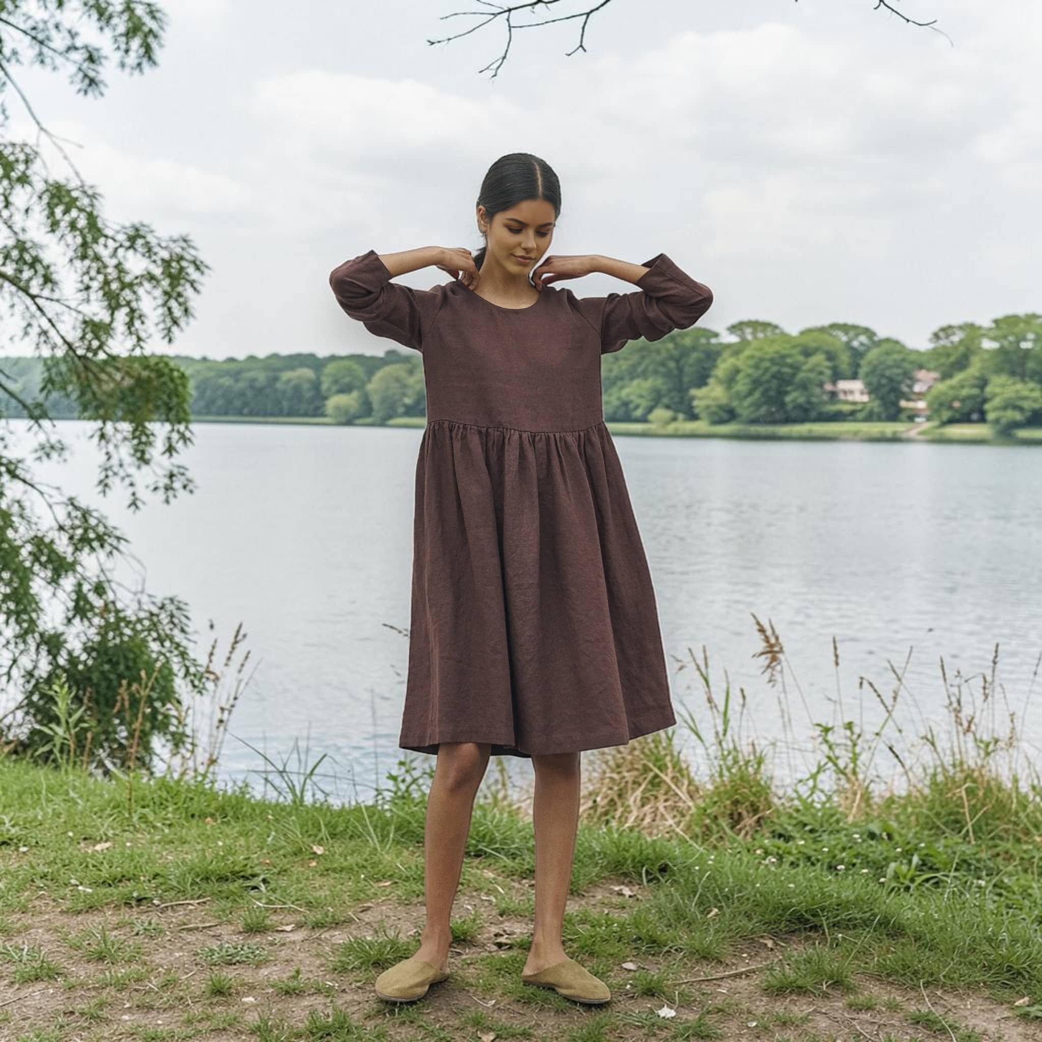 Long Sleeve Linen Midi Dress, Raised Waist A Line