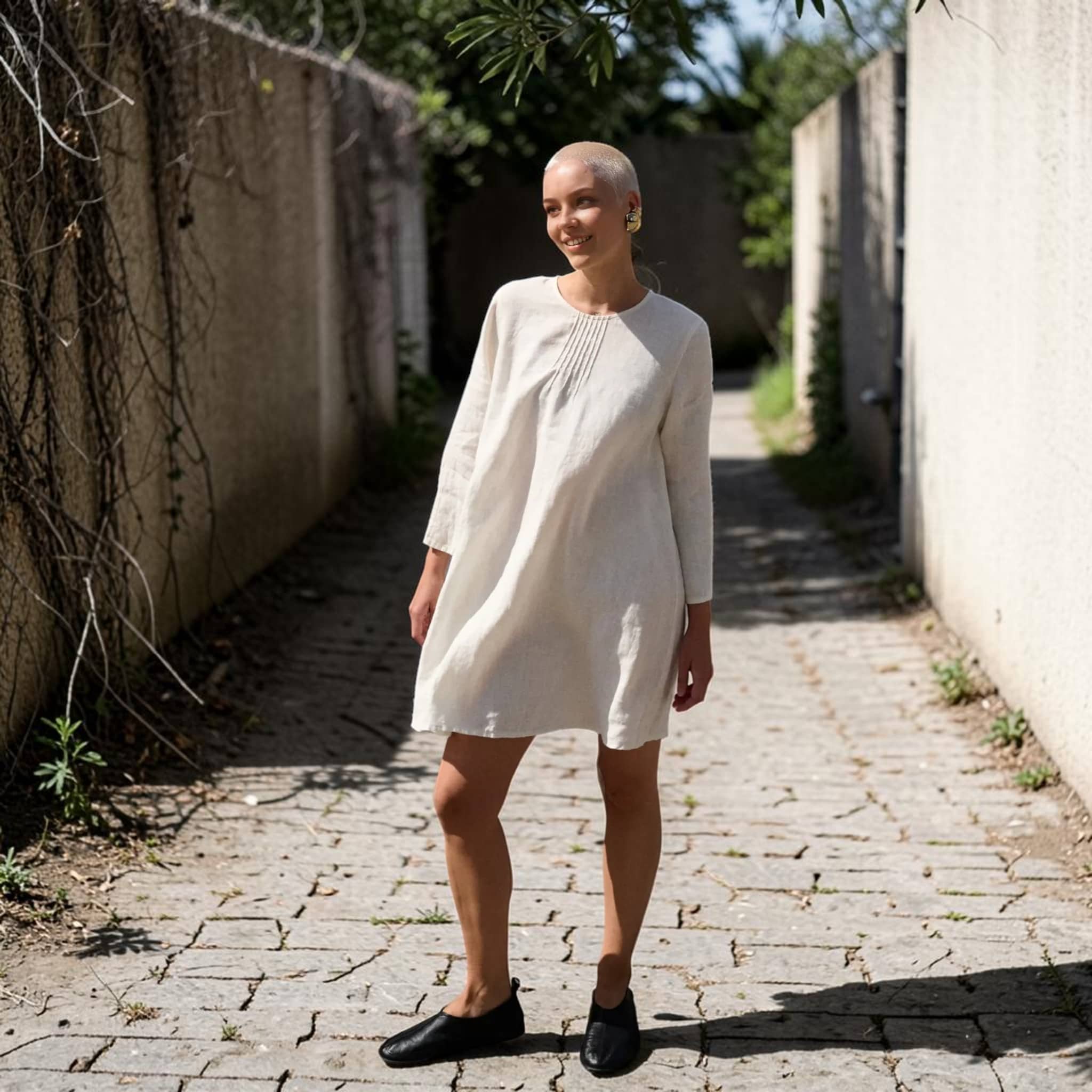 Long Sleeve Linen Mini Dress, Pintuck Front Round Neck