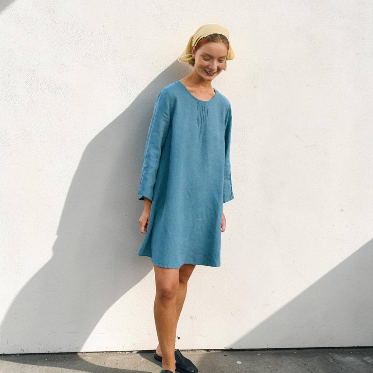 Long Sleeve Linen Mini Dress, Pintuck Front Round Neck