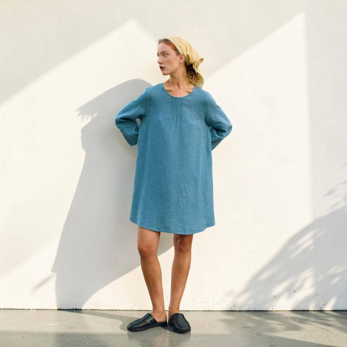 Long Sleeve Linen Mini Dress, Pintuck Front Round Neck