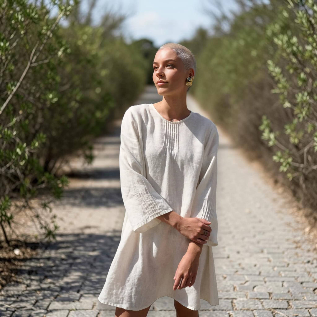 Long Sleeve Linen Mini Dress, Pintuck Front Round Neck