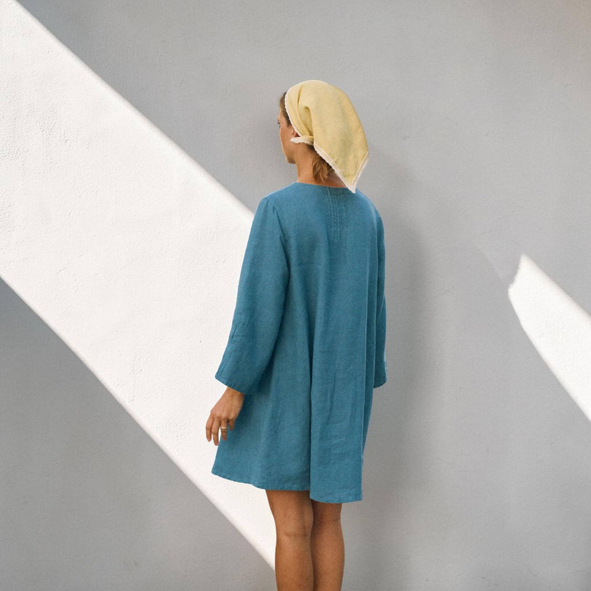 Long Sleeve Linen Mini Dress, Pintuck Front Round Neck