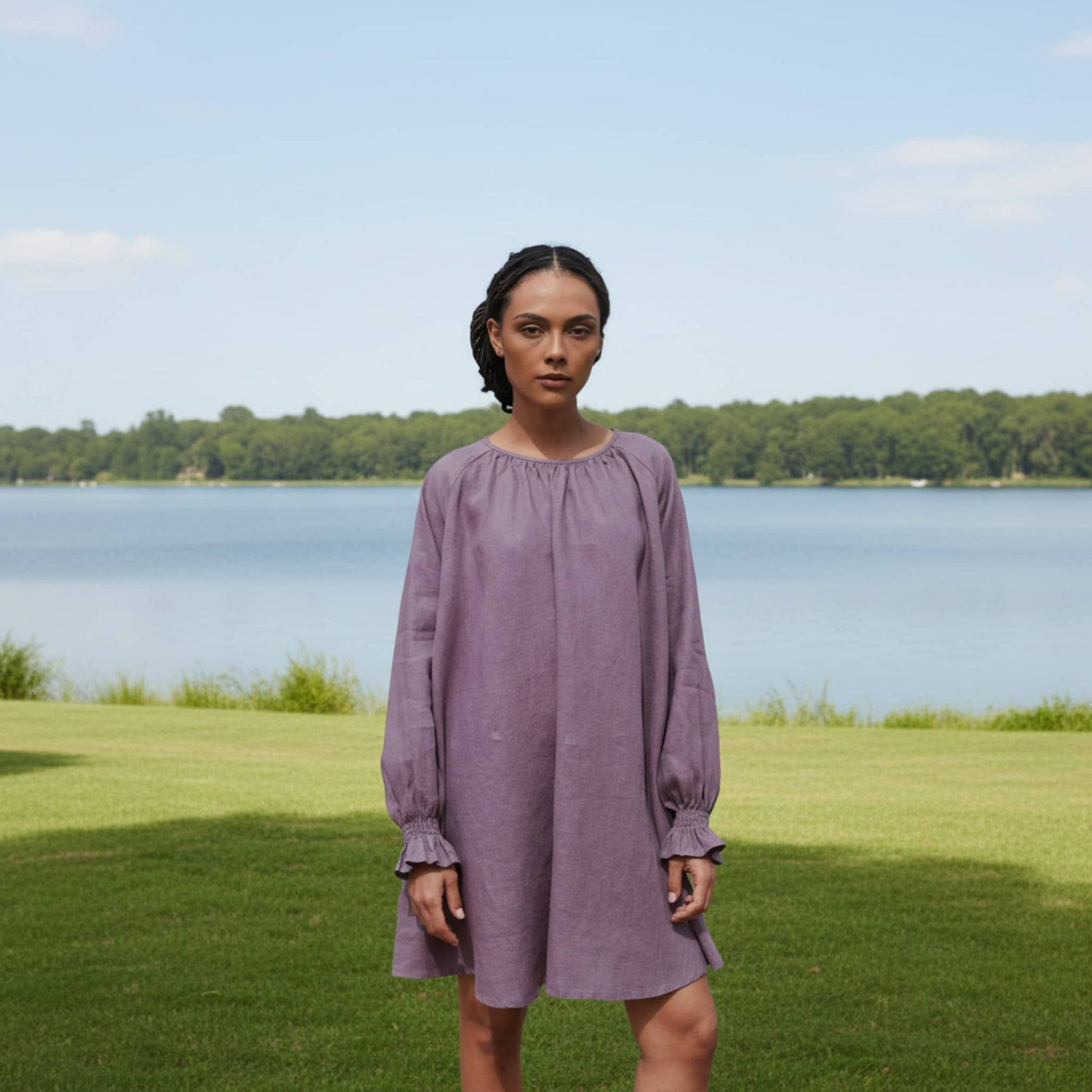 Long Sleeve Linen Mini Dress, Smocked Ruffle Cuffs