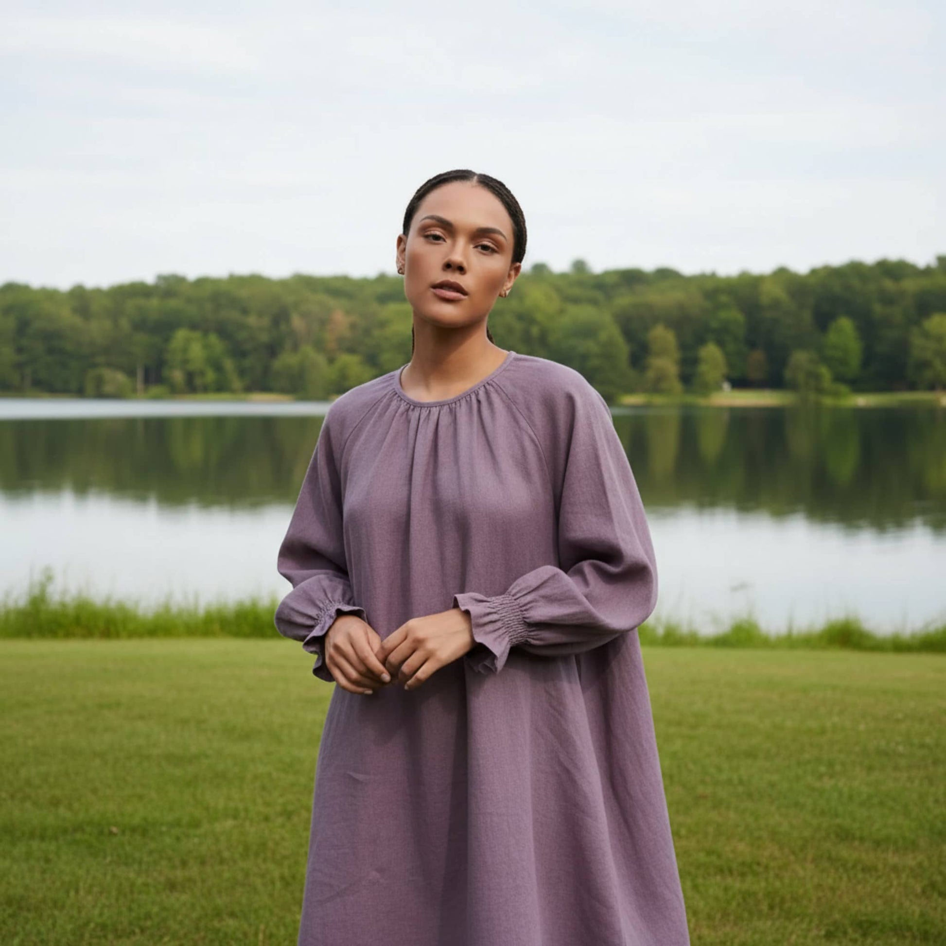 Long Sleeve Linen Mini Dress, Smocked Ruffle Cuffs