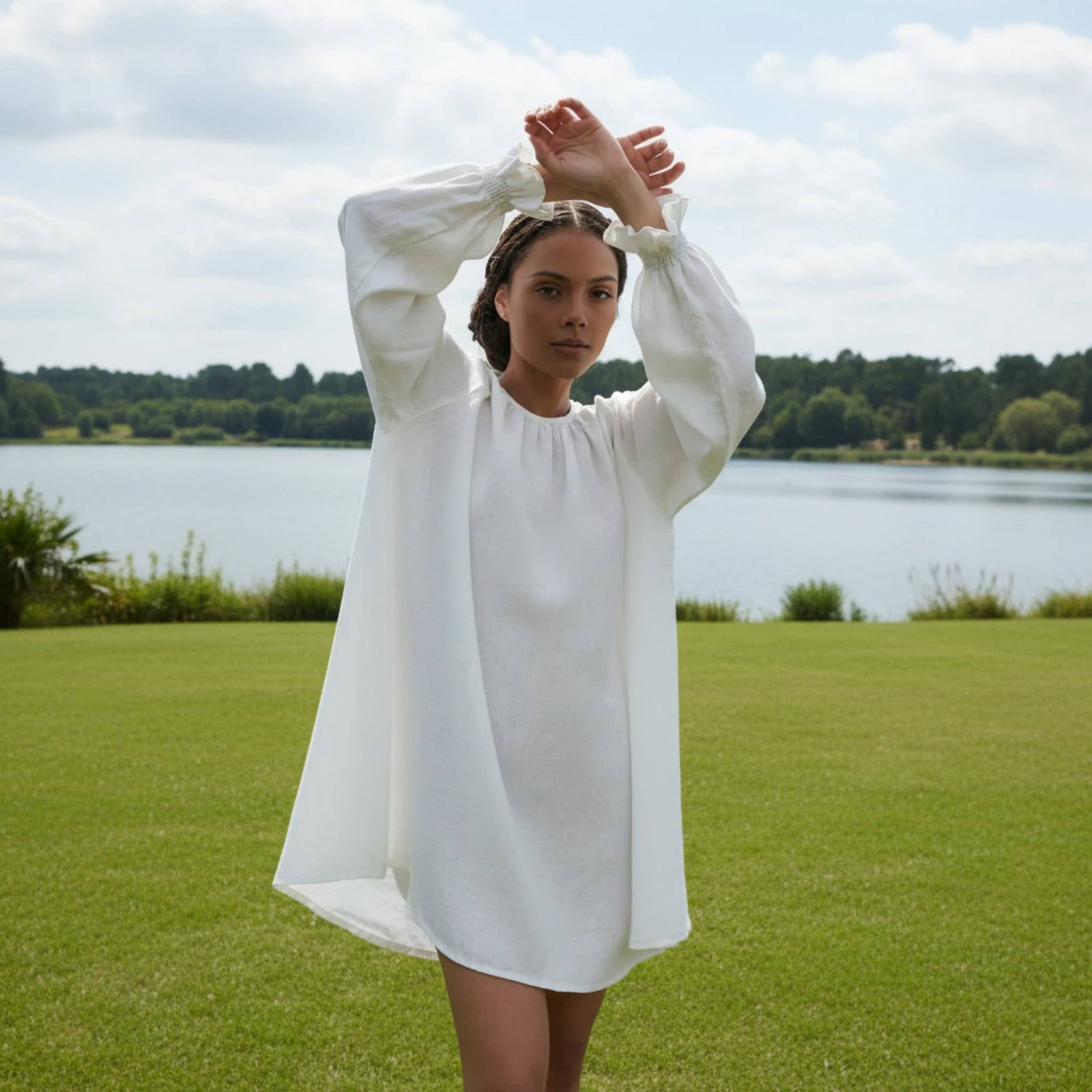 Long Sleeve Linen Mini Dress, Smocked Ruffle Cuffs