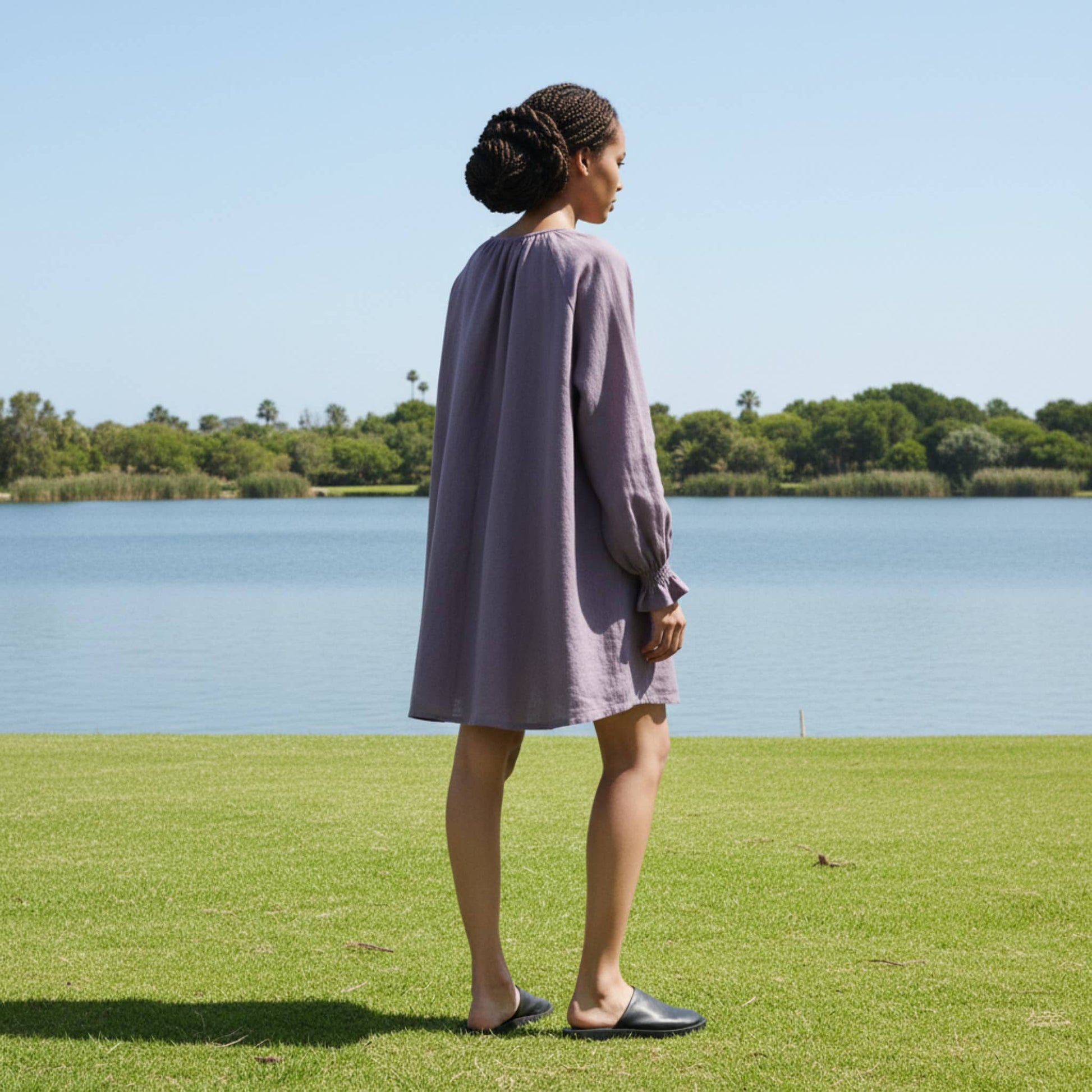 Long Sleeve Linen Mini Dress, Smocked Ruffle Cuffs
