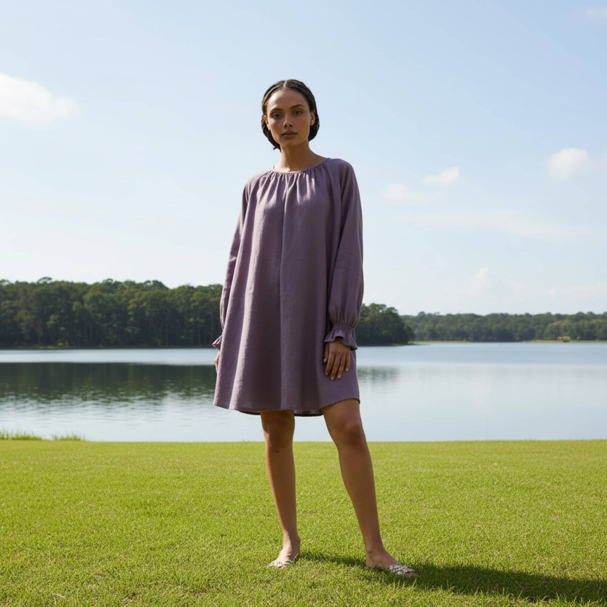 Long Sleeve Linen Mini Dress, Smocked Ruffle Cuffs