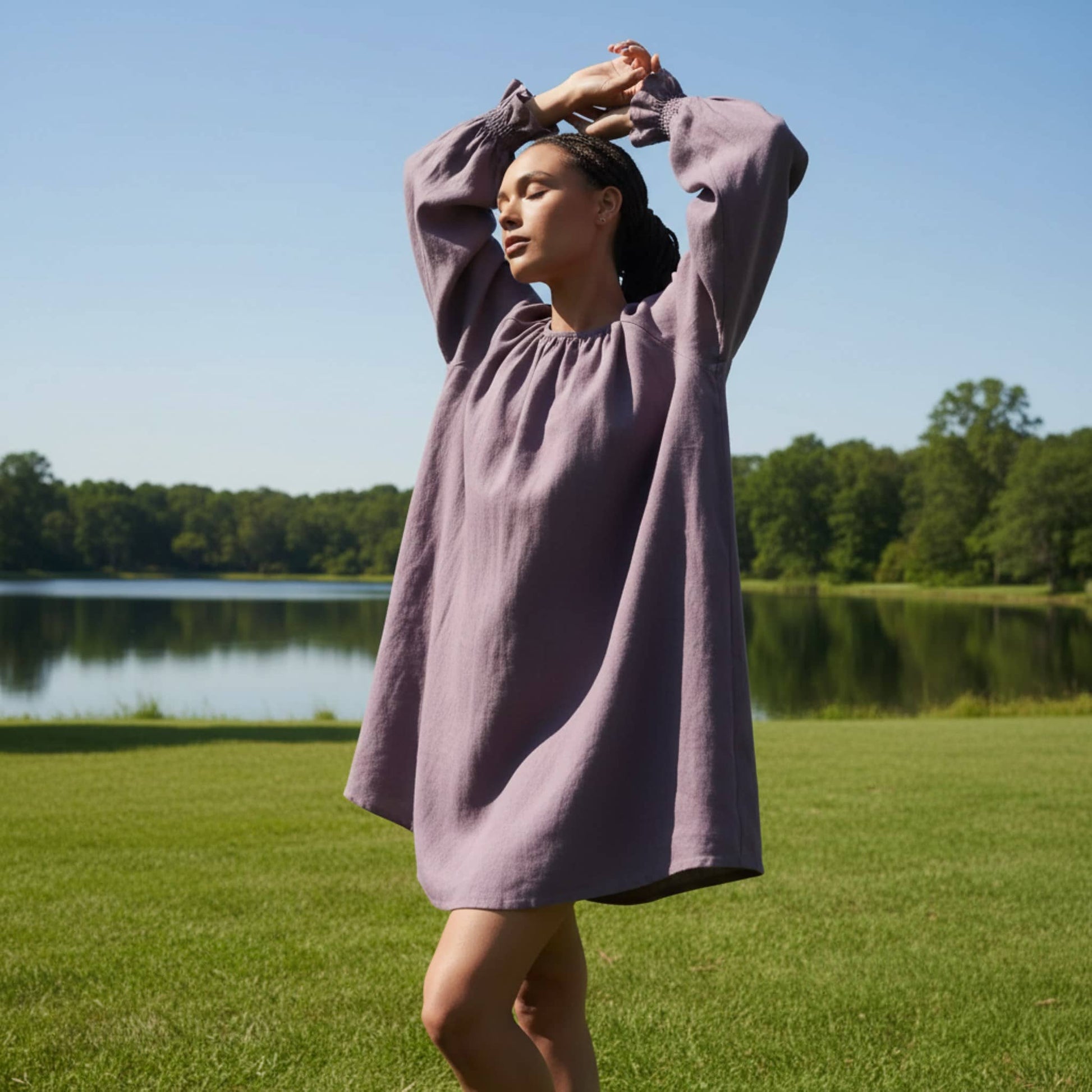 Long Sleeve Linen Mini Dress, Smocked Ruffle Cuffs