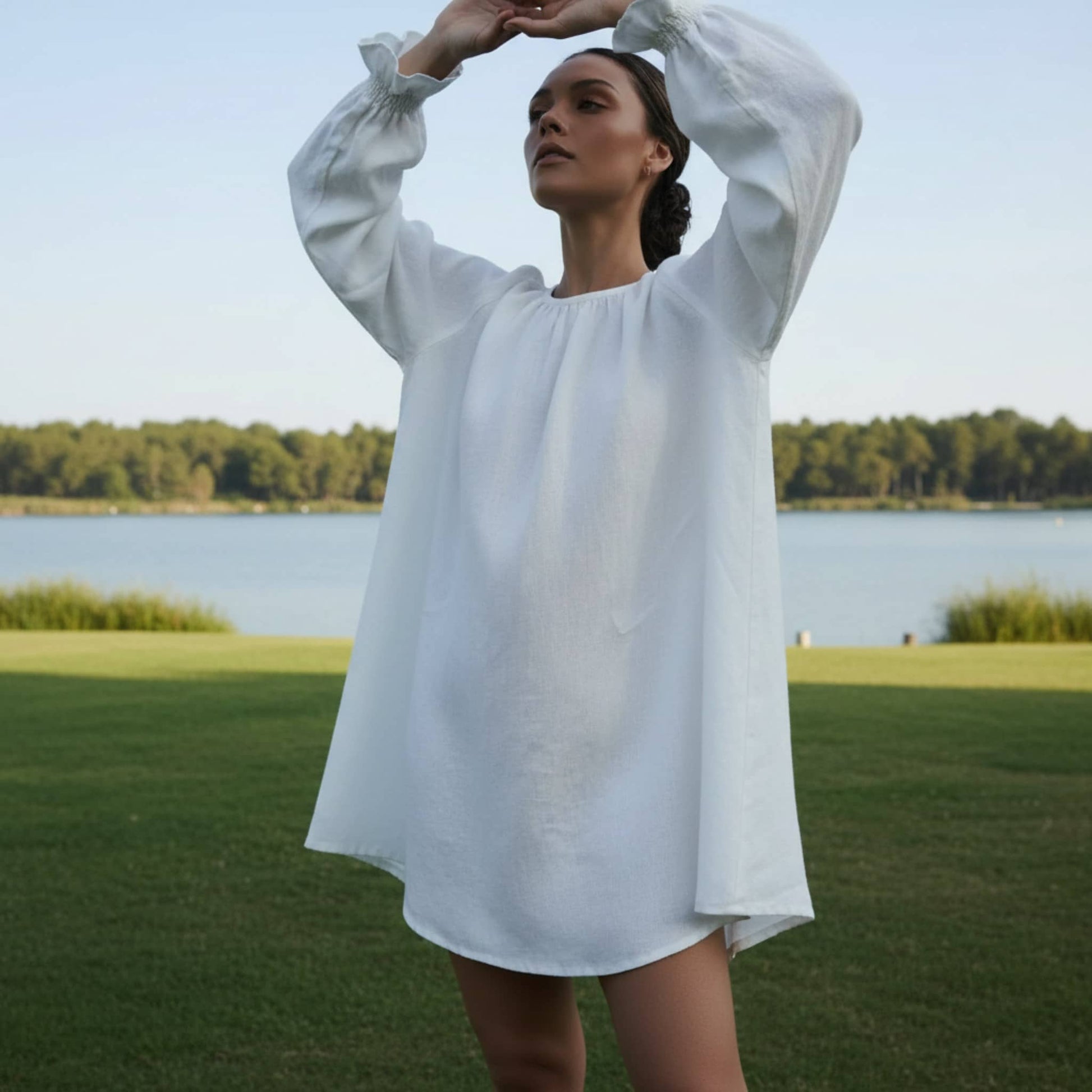 Long Sleeve Linen Mini Dress, Smocked Ruffle Cuffs