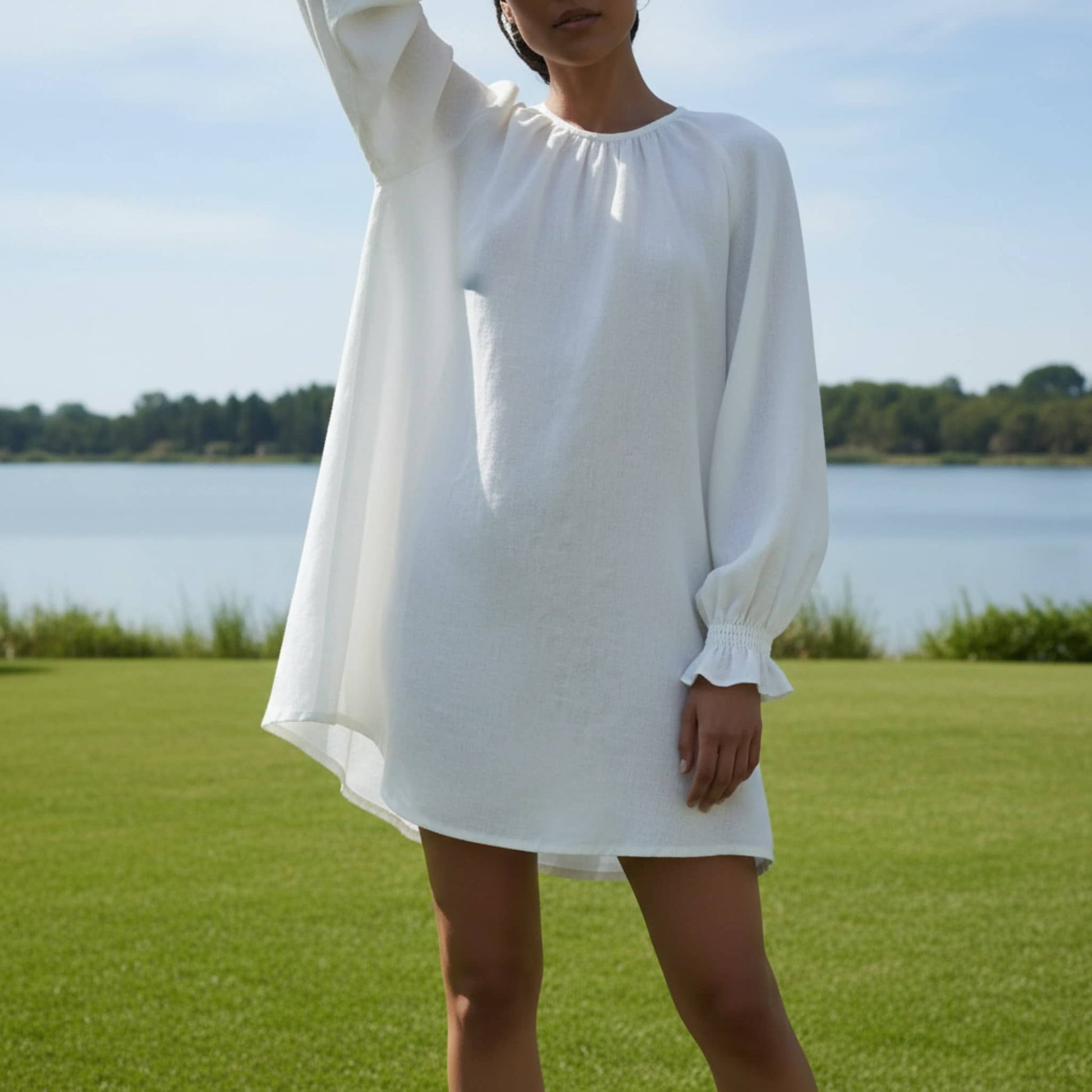 Long Sleeve Linen Mini Dress, Smocked Ruffle Cuffs
