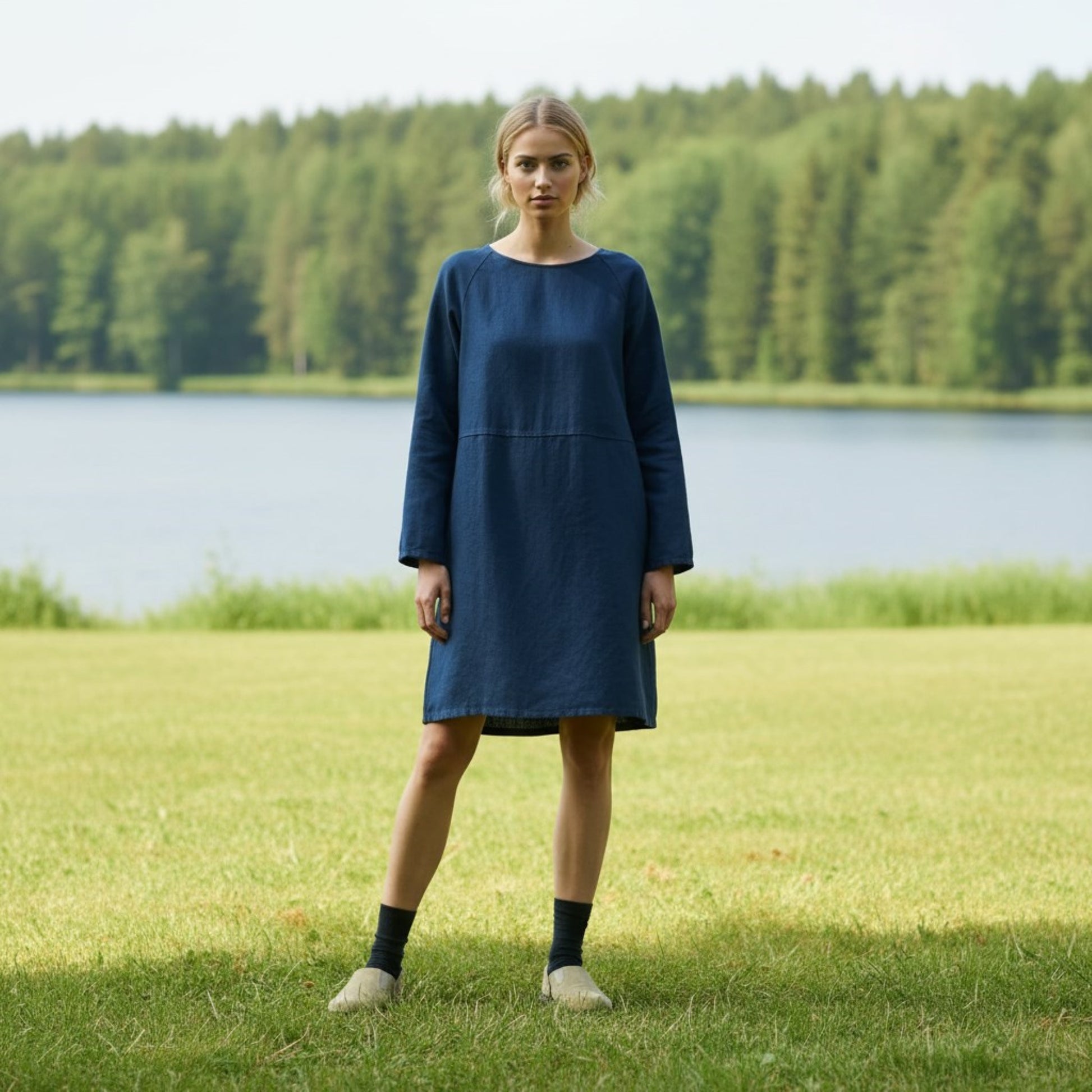 Long Sleeve Linen Shift Dress, Round Neck Mini