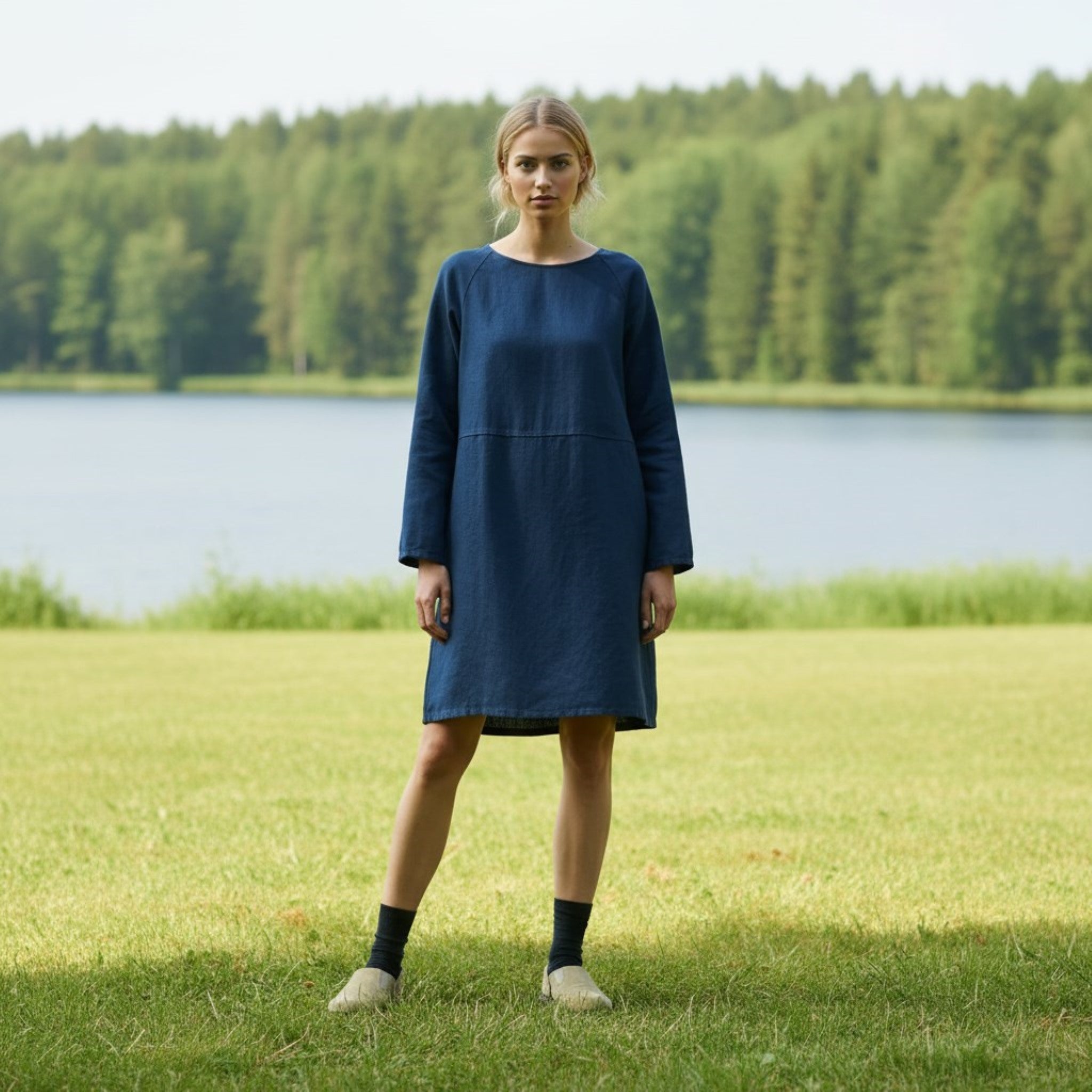 Long Sleeve Linen Shift Dress, Round Neck Mini