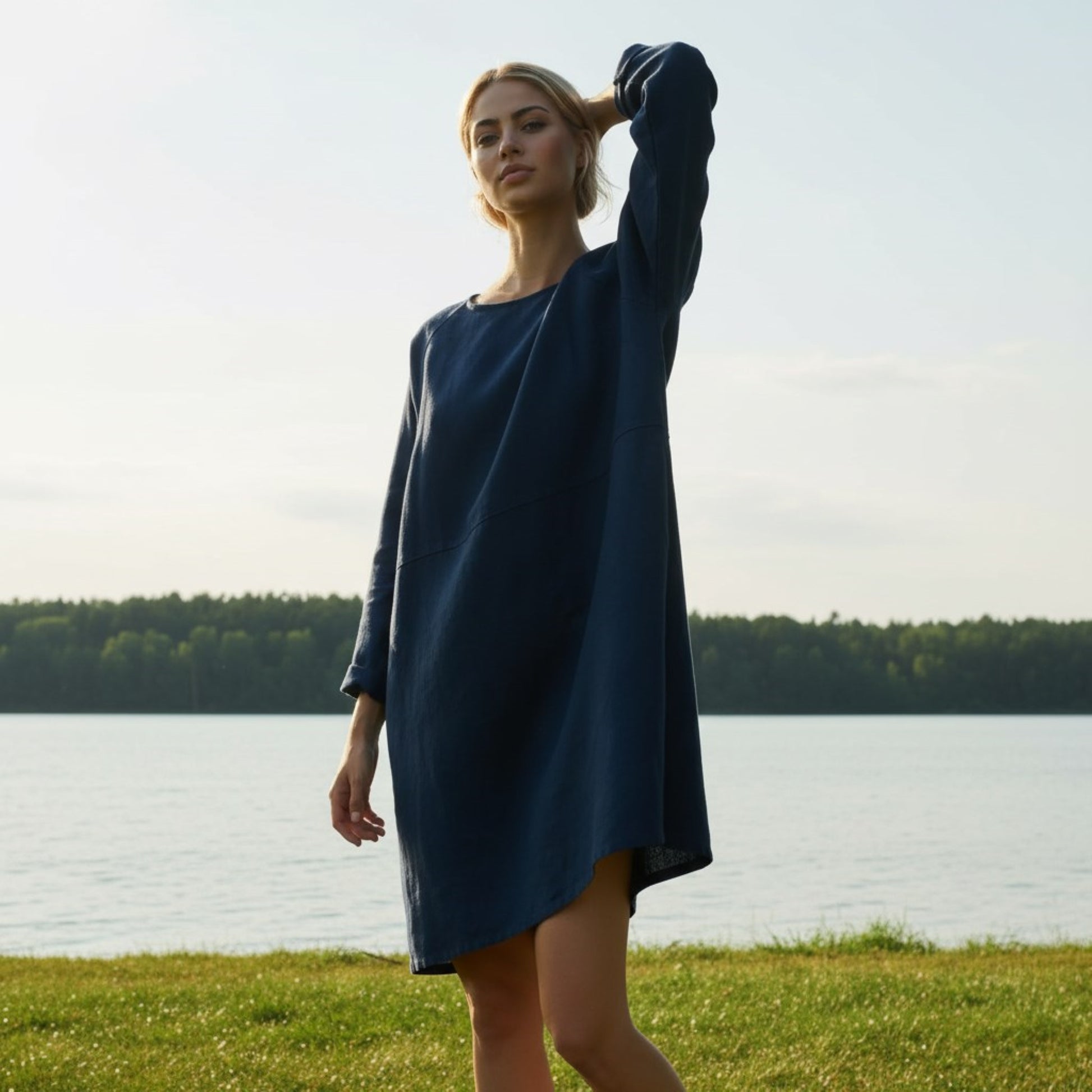 Long Sleeve Linen Shift Dress, Round Neck Mini