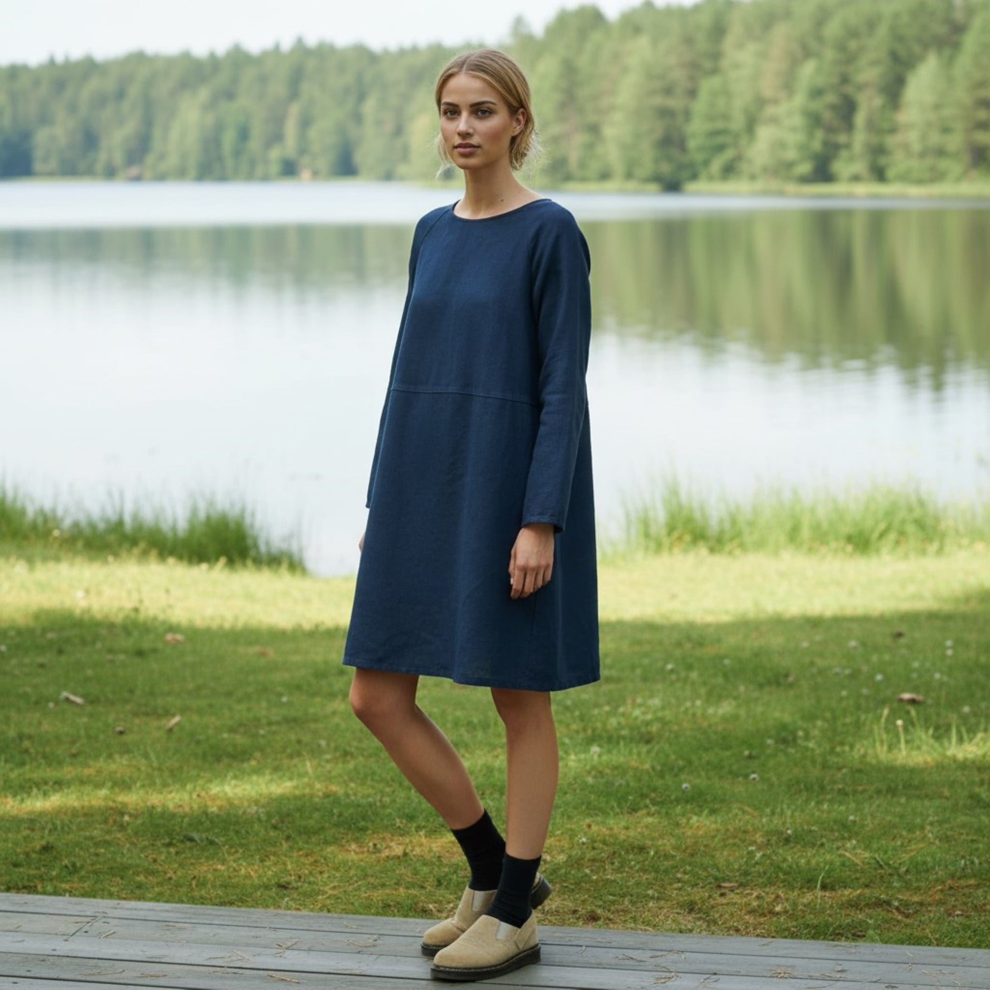 Long Sleeve Linen Shift Dress, Round Neck Mini