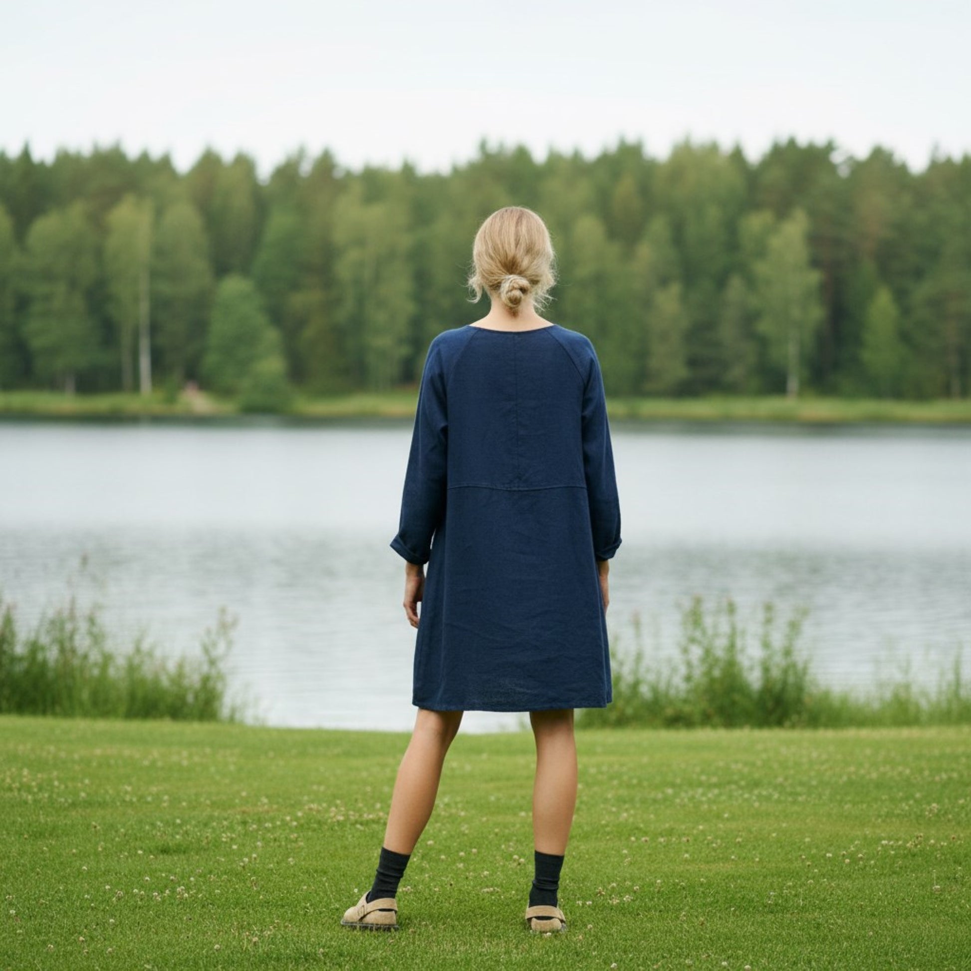 Long Sleeve Linen Shift Dress, Round Neck Mini