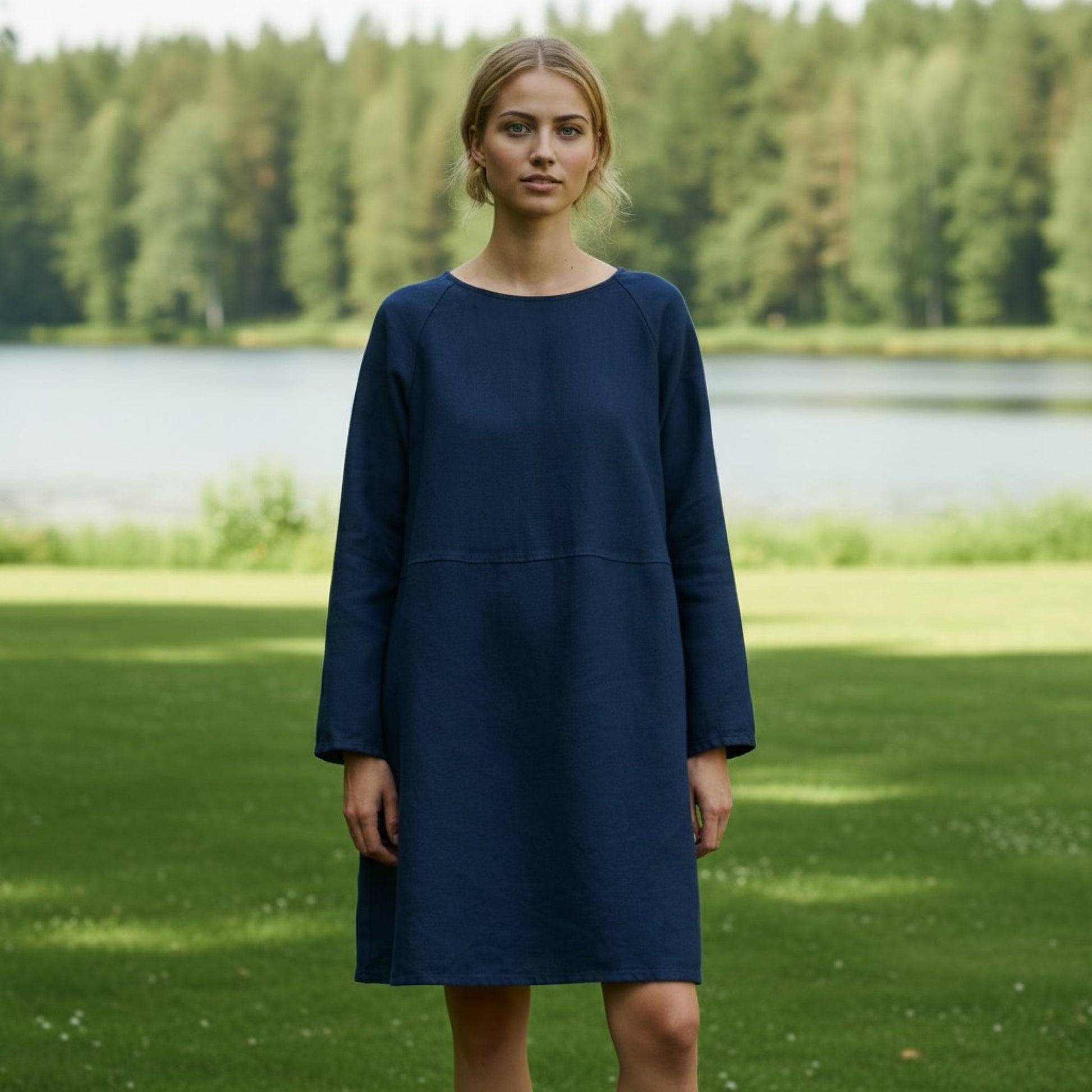 Long Sleeve Linen Shift Dress, Round Neck Mini