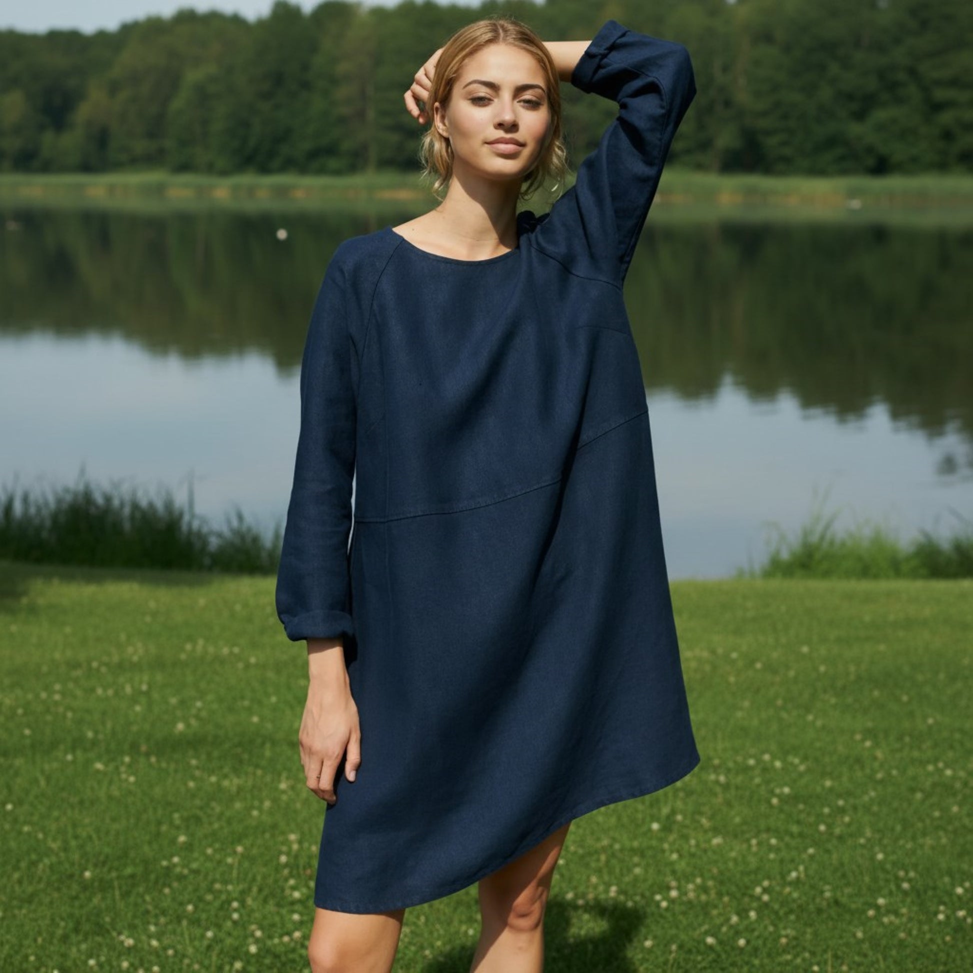 Long Sleeve Linen Shift Dress, Round Neck Mini