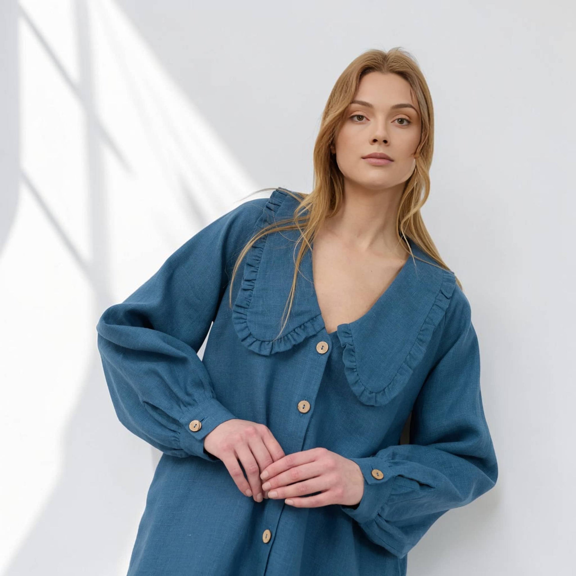 Long Sleeve Linen Shirt Dress, Ruffle Collar