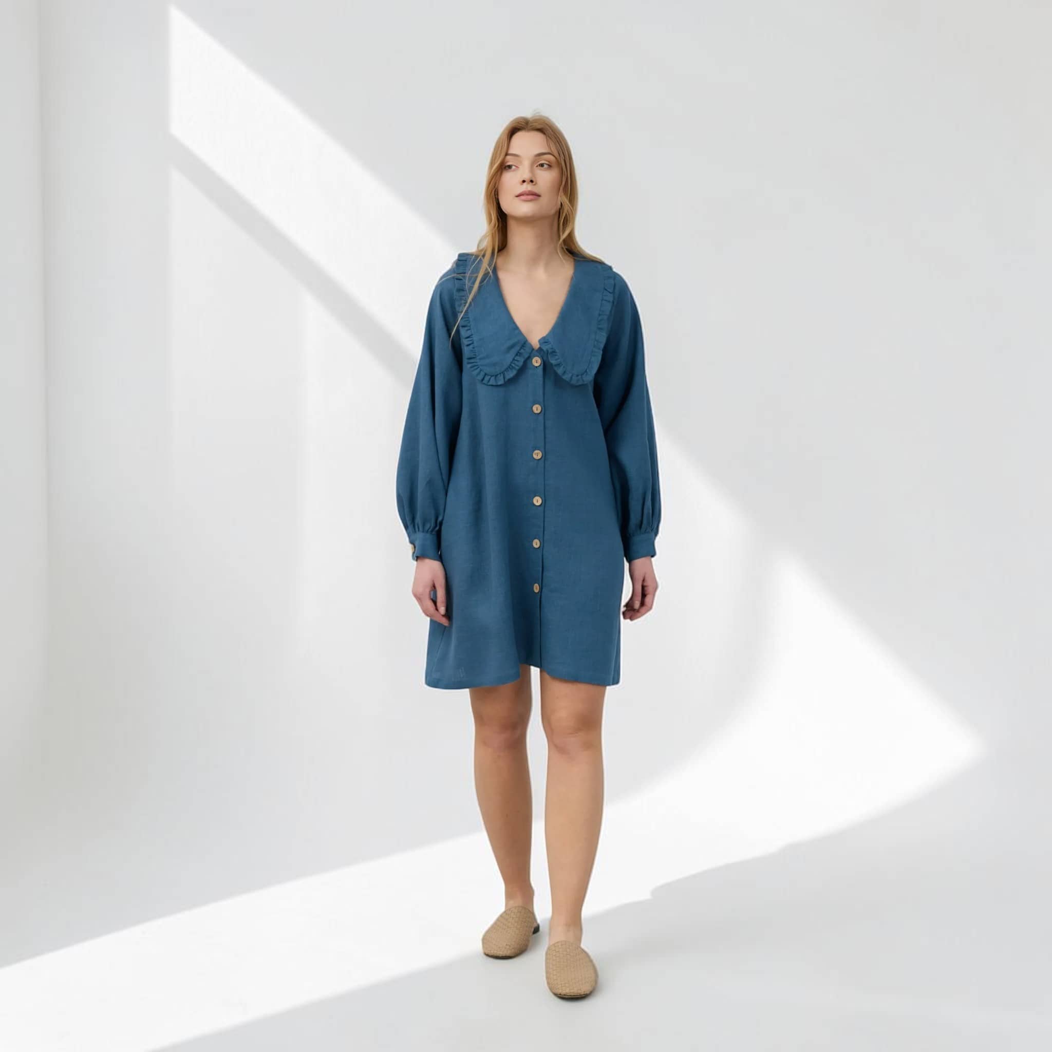Long Sleeve Linen Shirt Dress, Ruffle Collar
