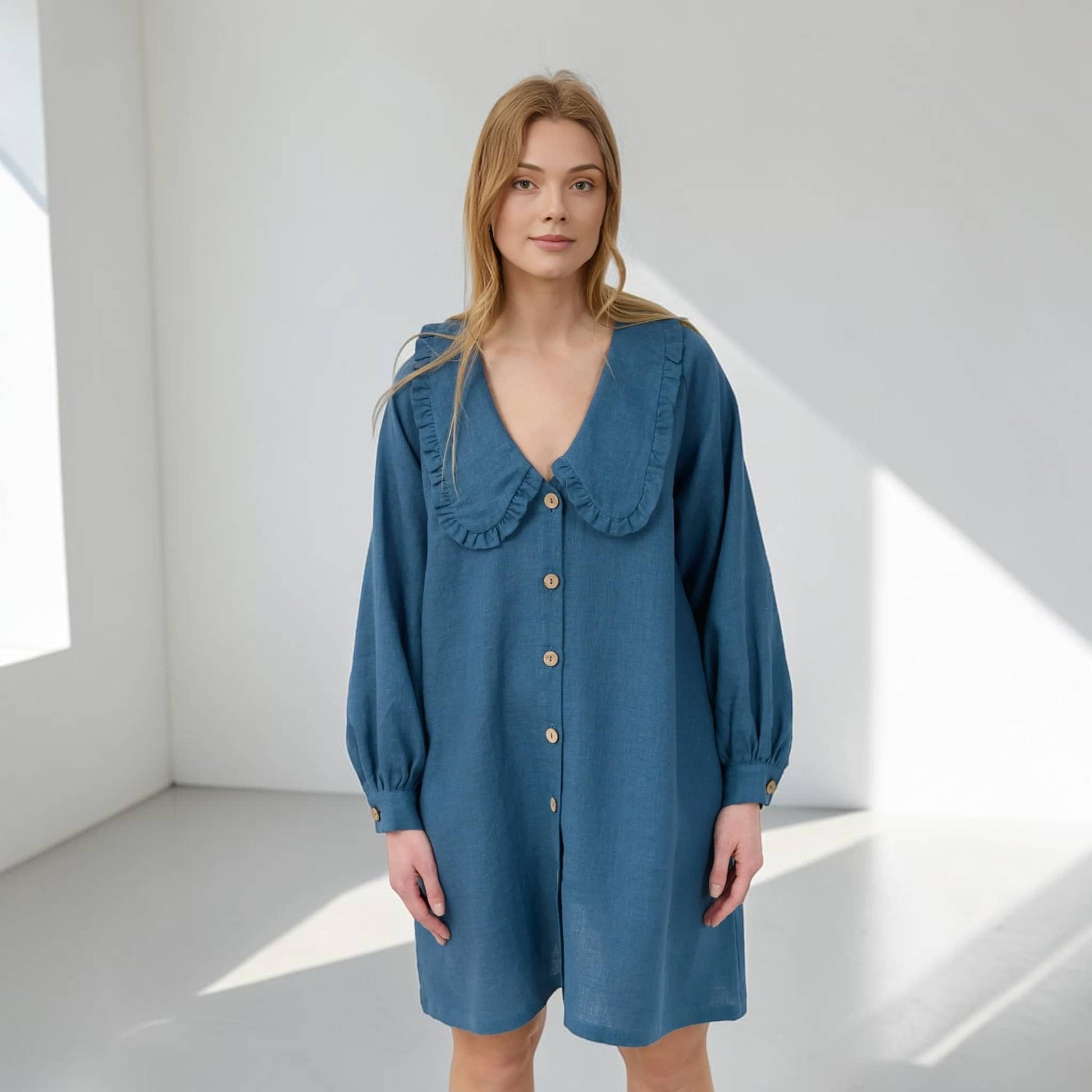 Long Sleeve Linen Shirt Dress, Ruffle Collar