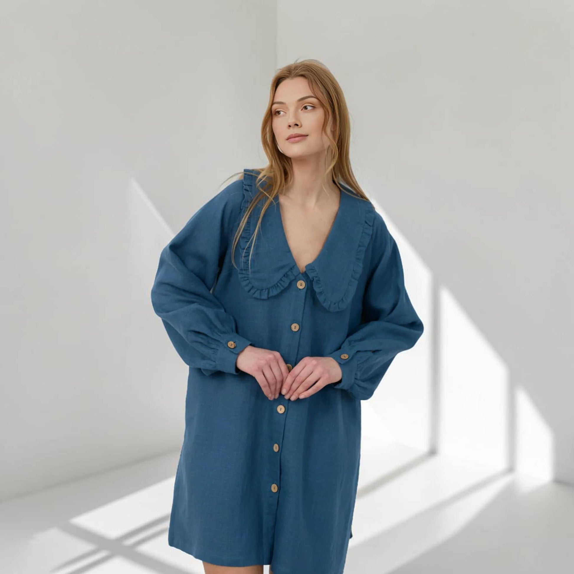 Long Sleeve Linen Shirt Dress, Ruffle Collar