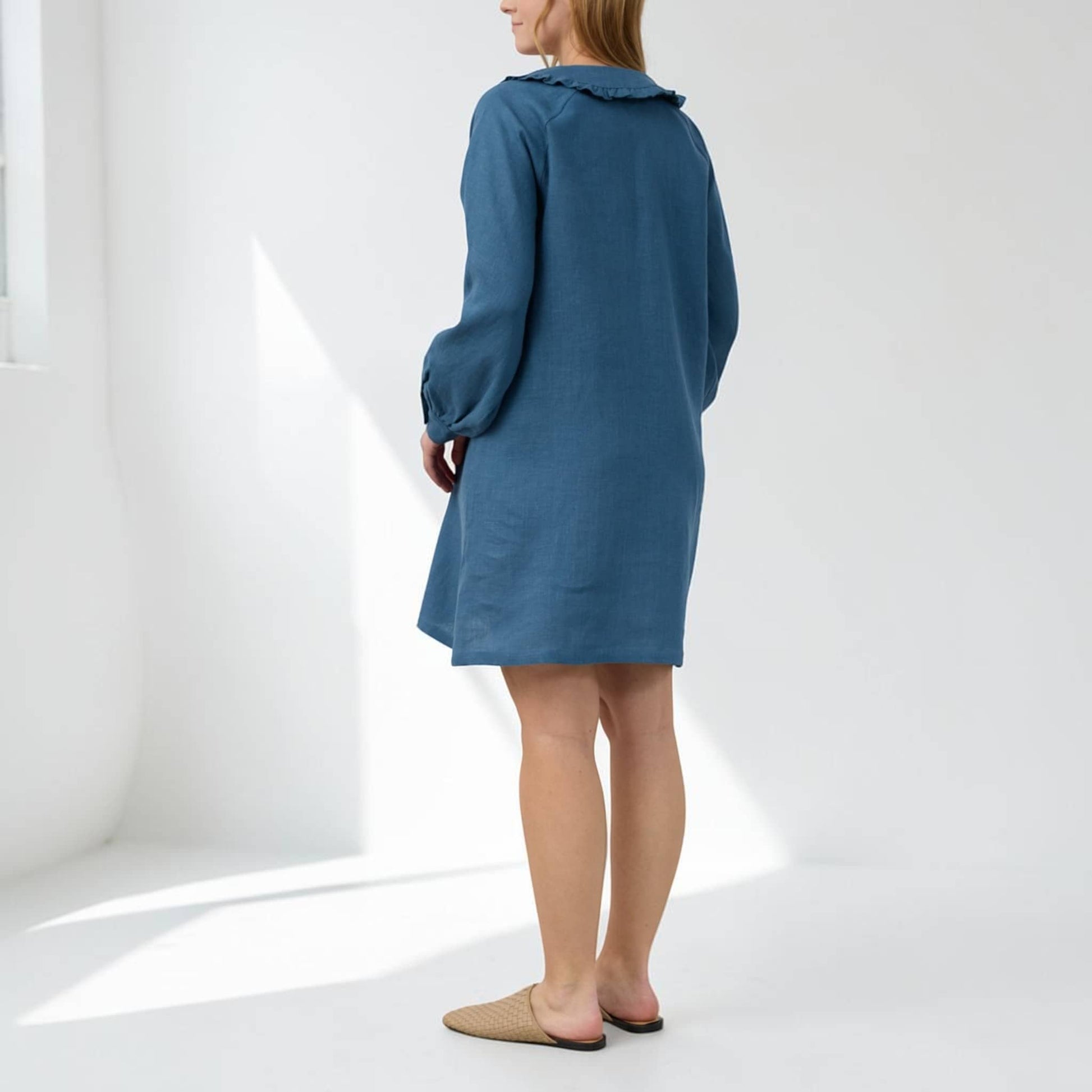 Long Sleeve Linen Shirt Dress, Ruffle Collar