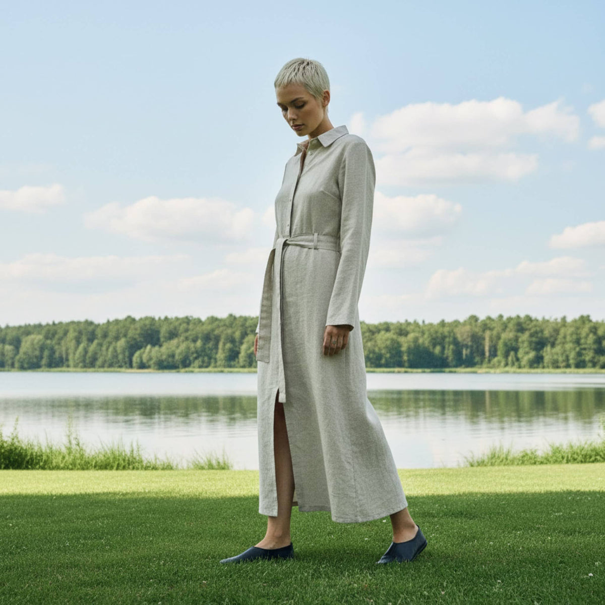 Long Sleeve Linen Shirt Dress, Tie Belt Button Front