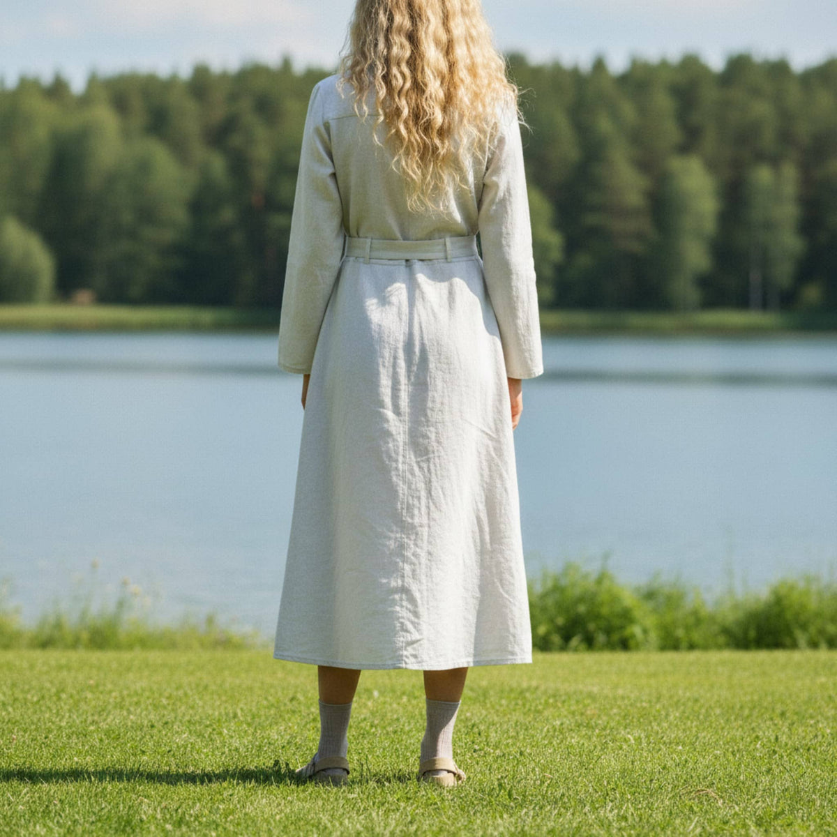 Long Sleeve Linen Shirt Dress, Tie Belt Button Front