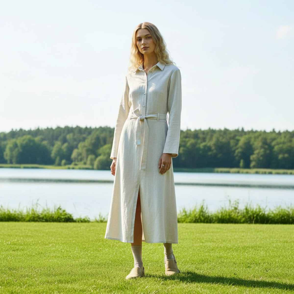 Long Sleeve Linen Shirt Dress, Tie Belt Button Front