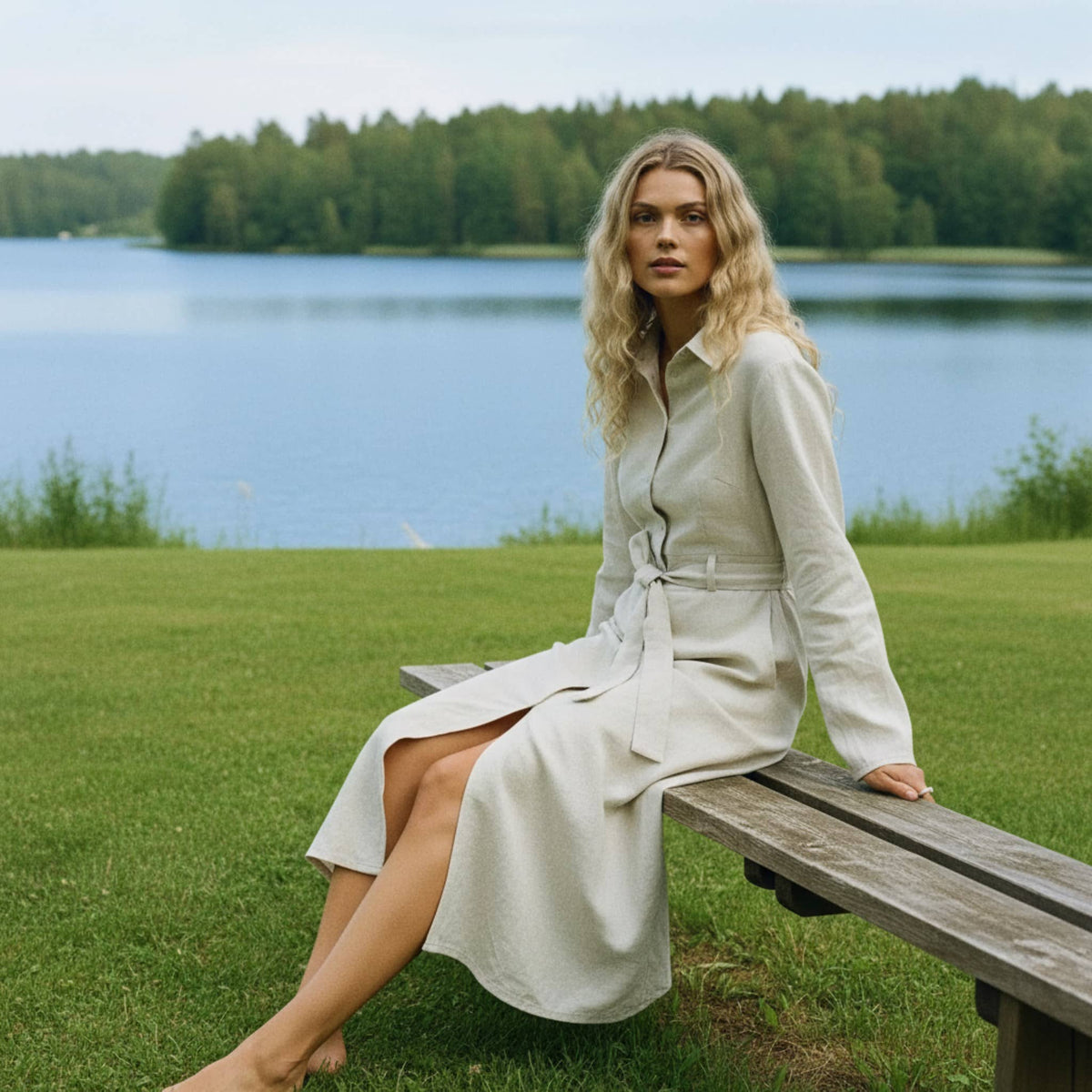 Long Sleeve Linen Shirt Dress, Tie Belt Button Front