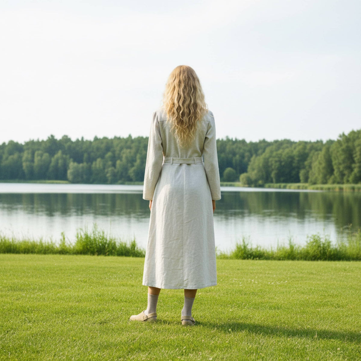 Long Sleeve Linen Shirt Dress, Tie Belt Button Front
