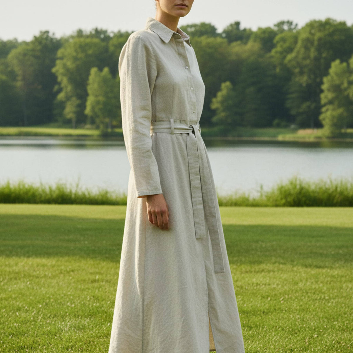 Long Sleeve Linen Shirt Dress, Tie Belt Button Front