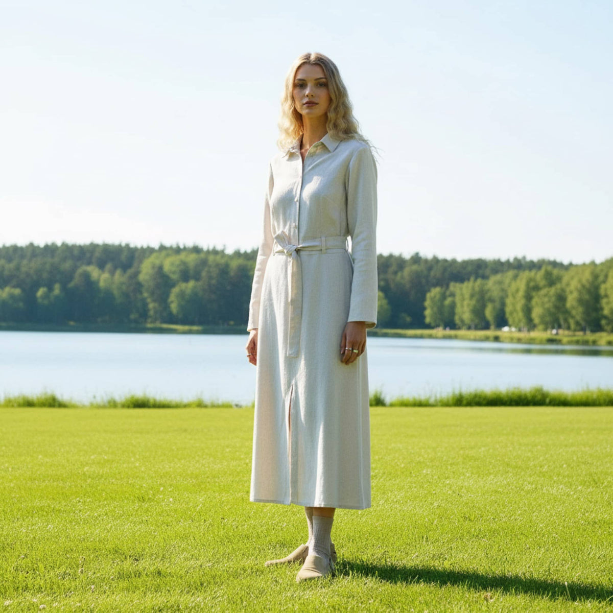 Long Sleeve Linen Shirt Dress, Tie Belt Button Front