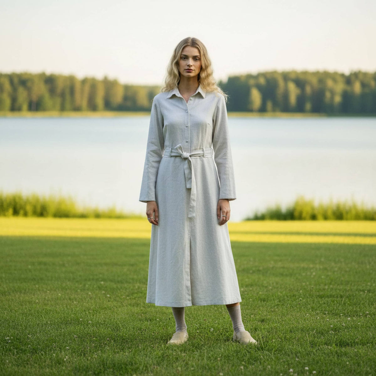Long Sleeve Linen Shirt Dress, Tie Belt Button Front