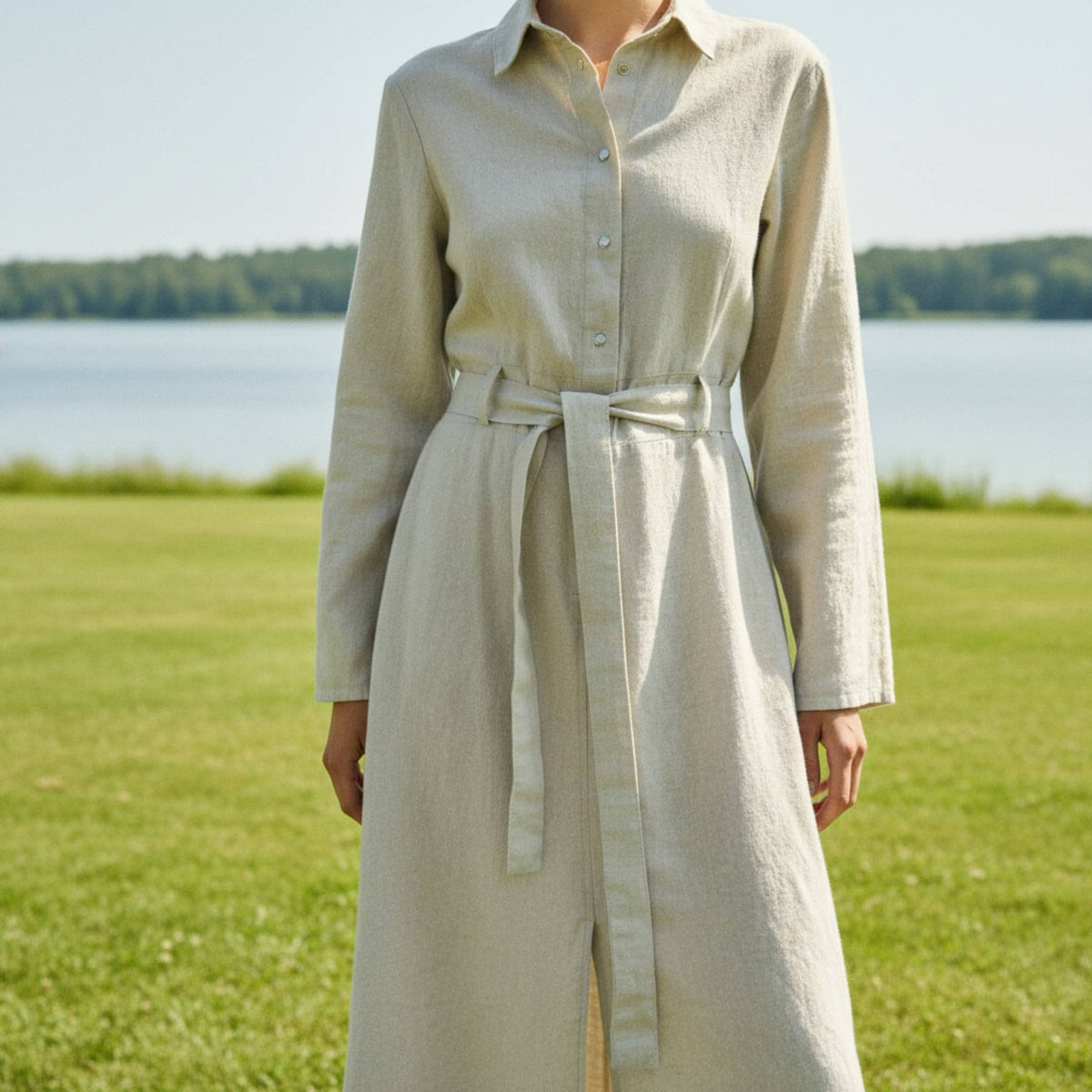 Long Sleeve Linen Shirt Dress, Tie Belt Button Front