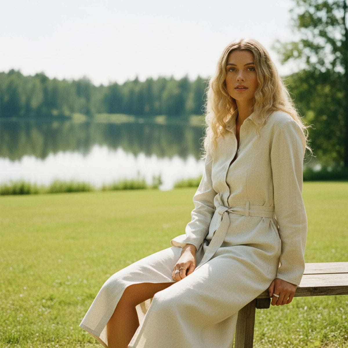 Long Sleeve Linen Shirt Dress, Tie Belt Button Front