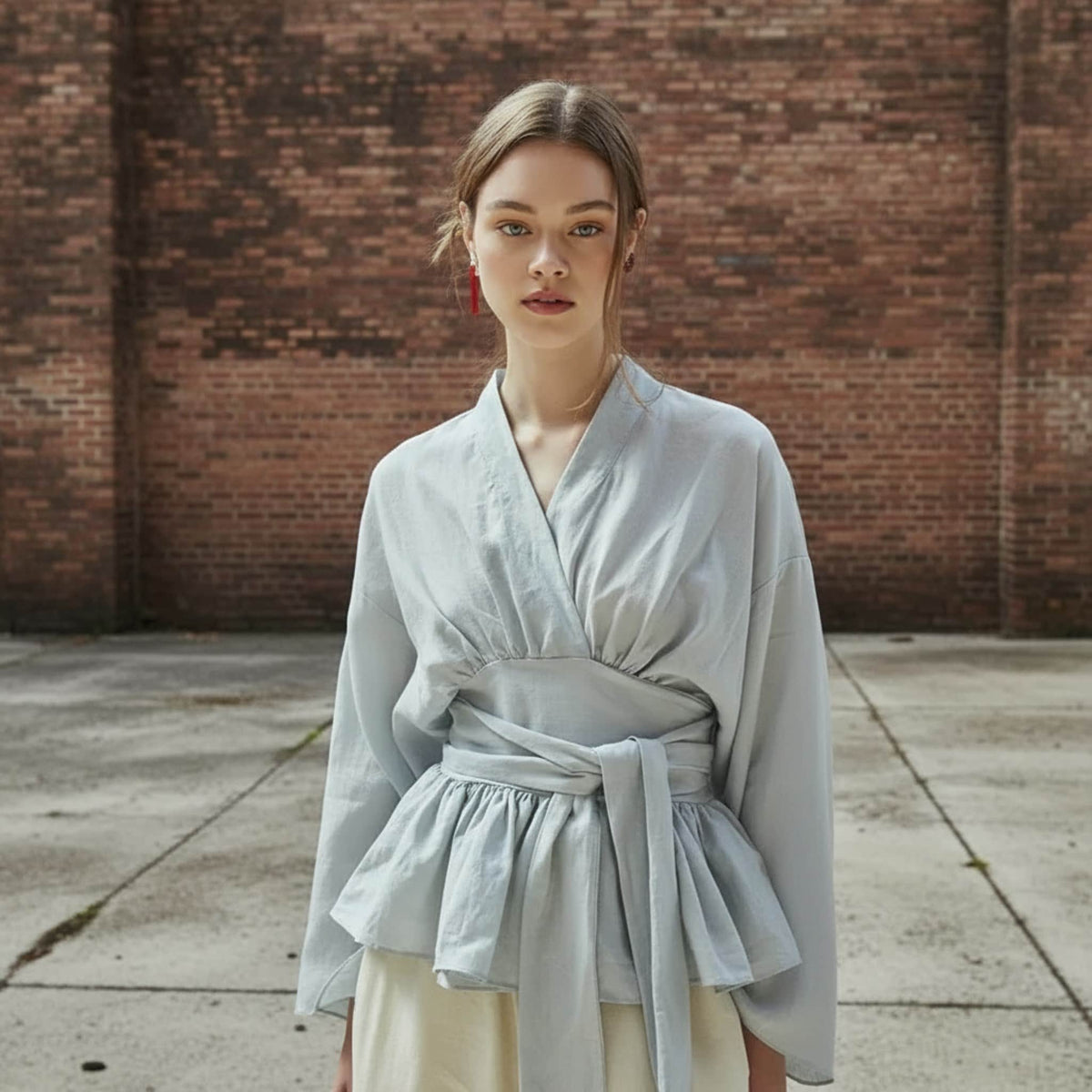 Long Sleeve Linen Wrap Top, V Neck Peplum Blouse