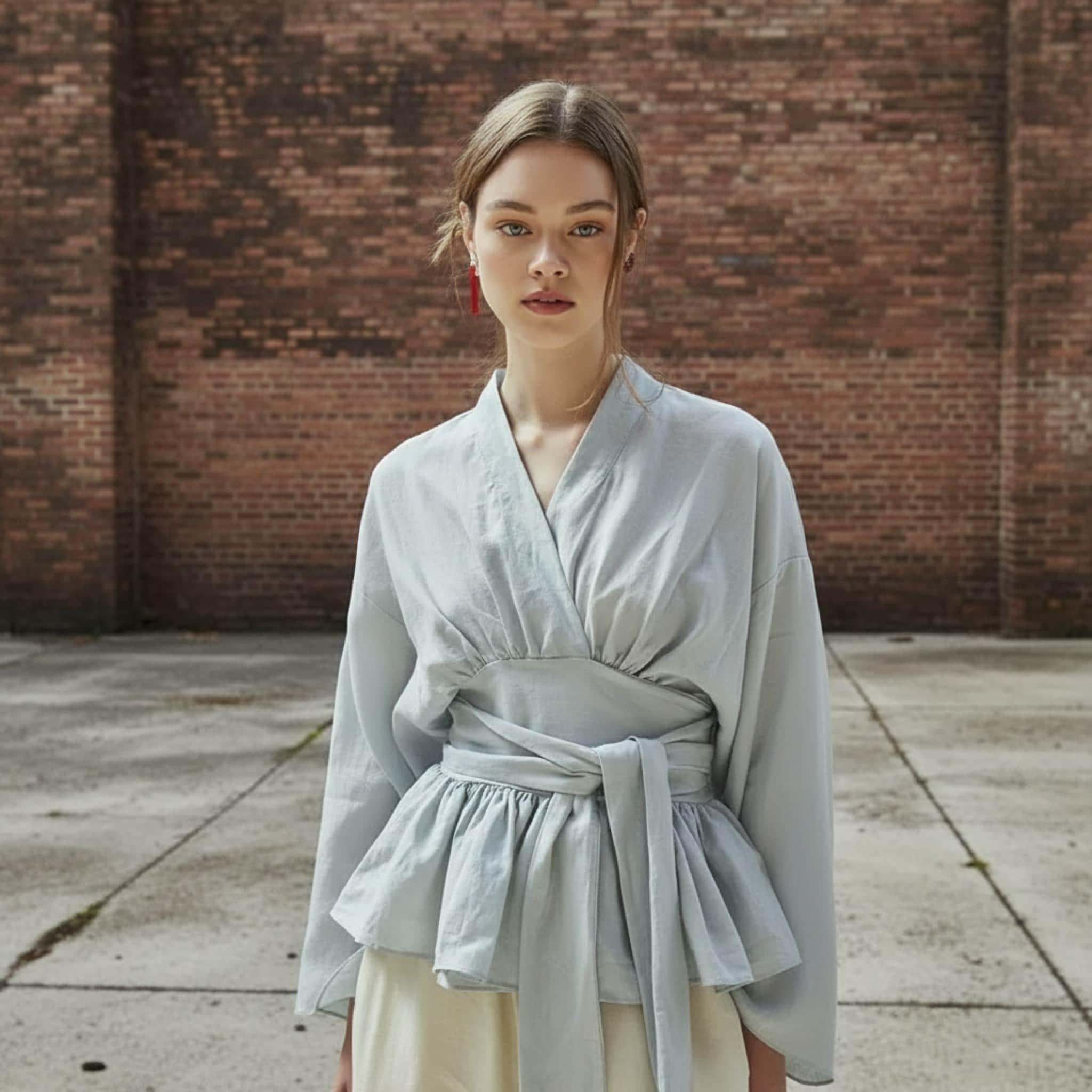 Long Sleeve Linen Wrap Top, V Neck Peplum Blouse