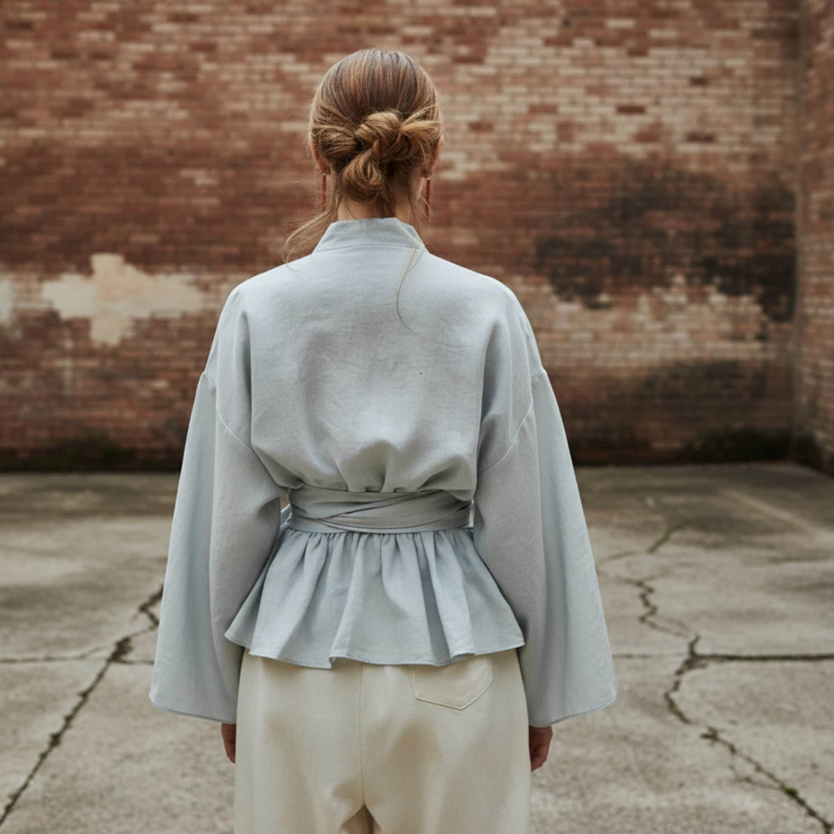 Long Sleeve Linen Wrap Top, V Neck Peplum Blouse