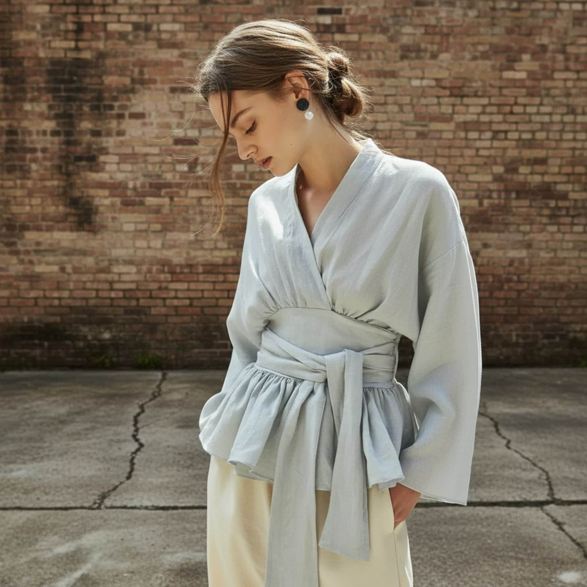 Long Sleeve Linen Wrap Top, V Neck Peplum Blouse