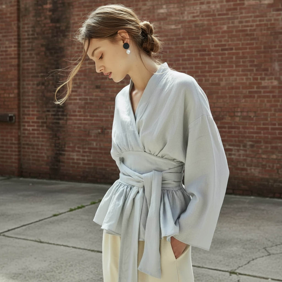 Long Sleeve Linen Wrap Top, V Neck Peplum Blouse