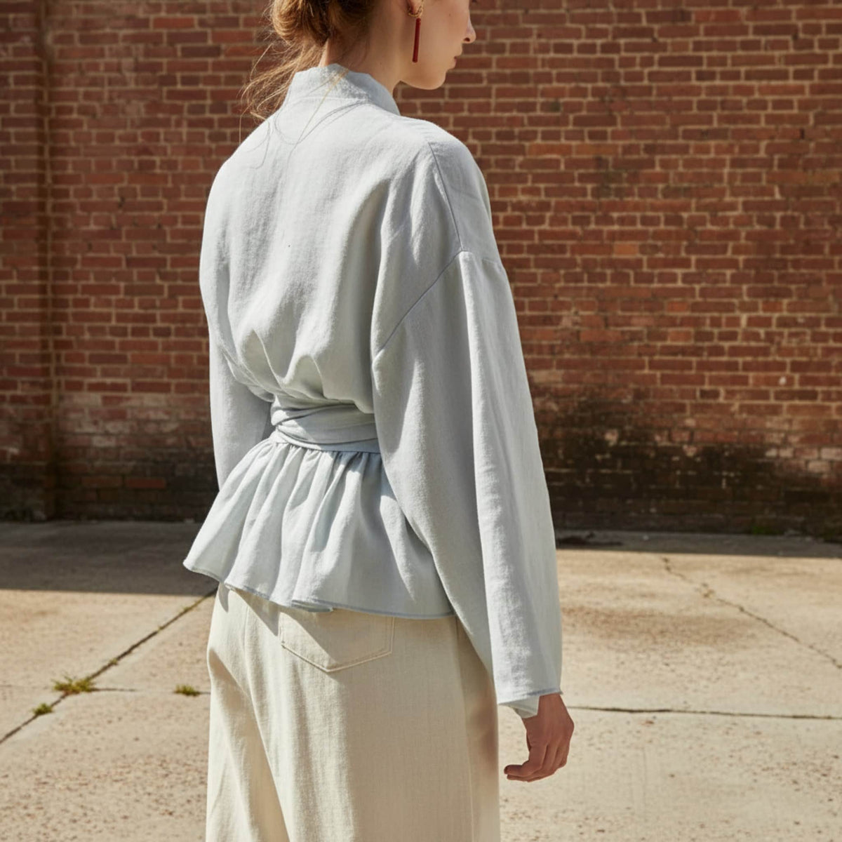 Long Sleeve Linen Wrap Top, V Neck Peplum Blouse