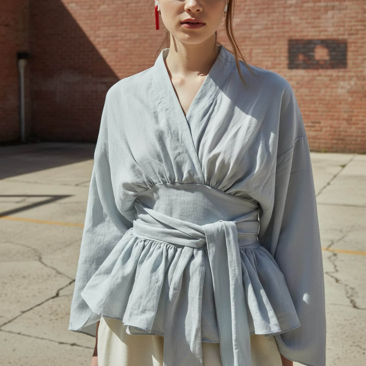 Long Sleeve Linen Wrap Top, V Neck Peplum Blouse