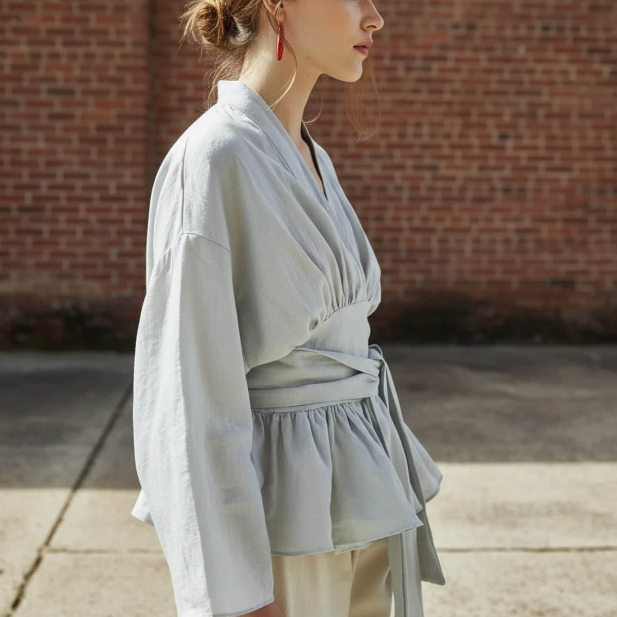 Long Sleeve Linen Wrap Top, V Neck Peplum Blouse